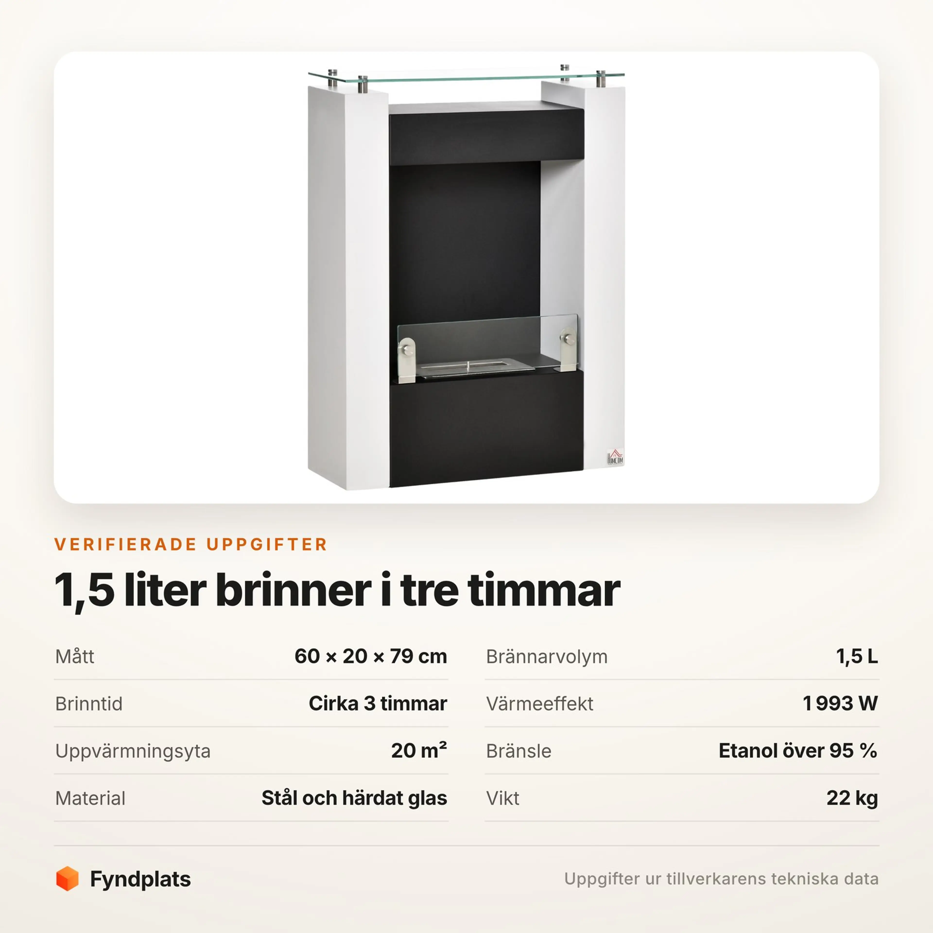 Specifikationer för etanolbrasan: 60 × 20 × 79 cm, 1,5 liters brännare och cirka tre timmars brinntid