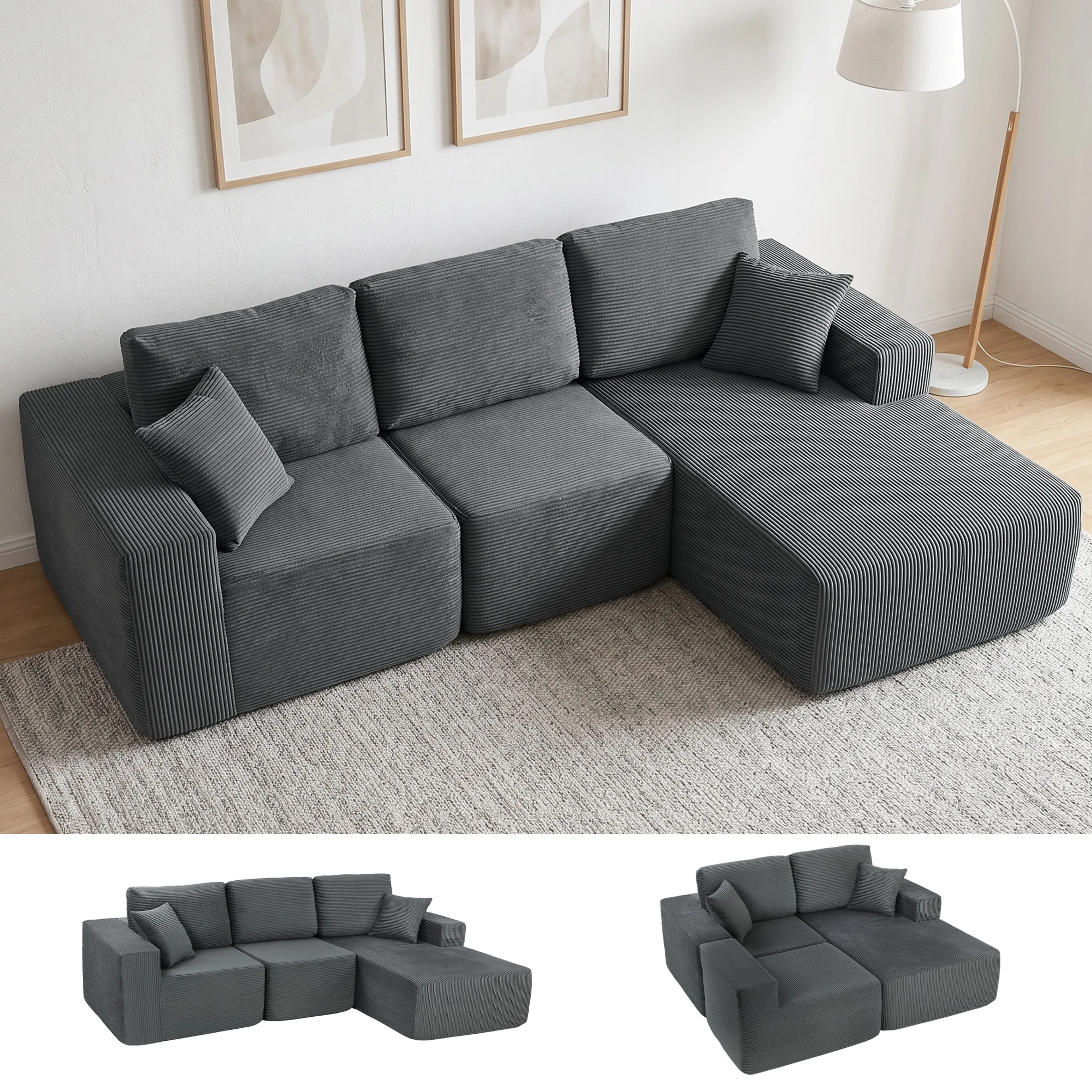 Soffan i ett vardagsrum med tavlor på väggen