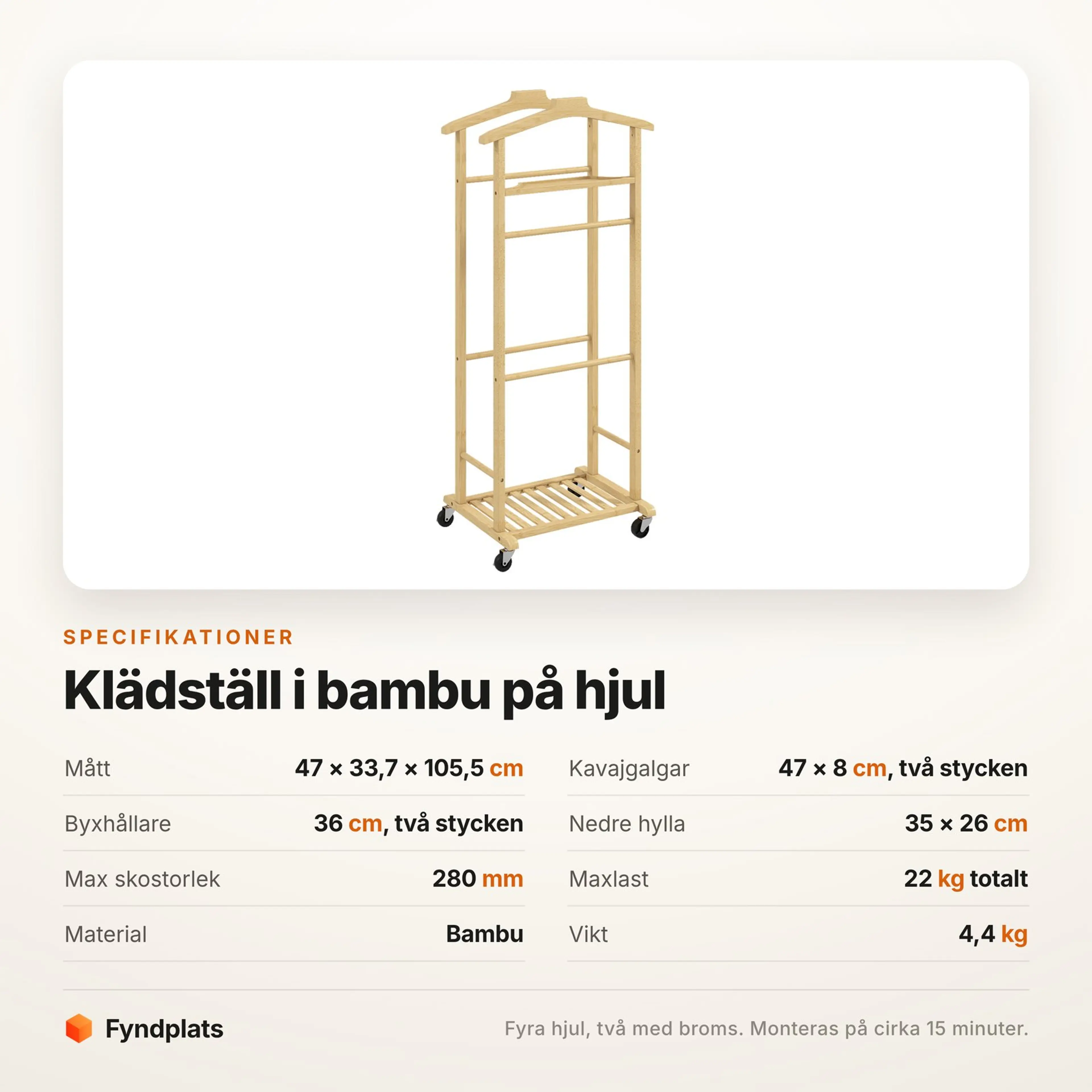 Fyndplats specifikationskort med klädställets mått, hyllor och maxlast