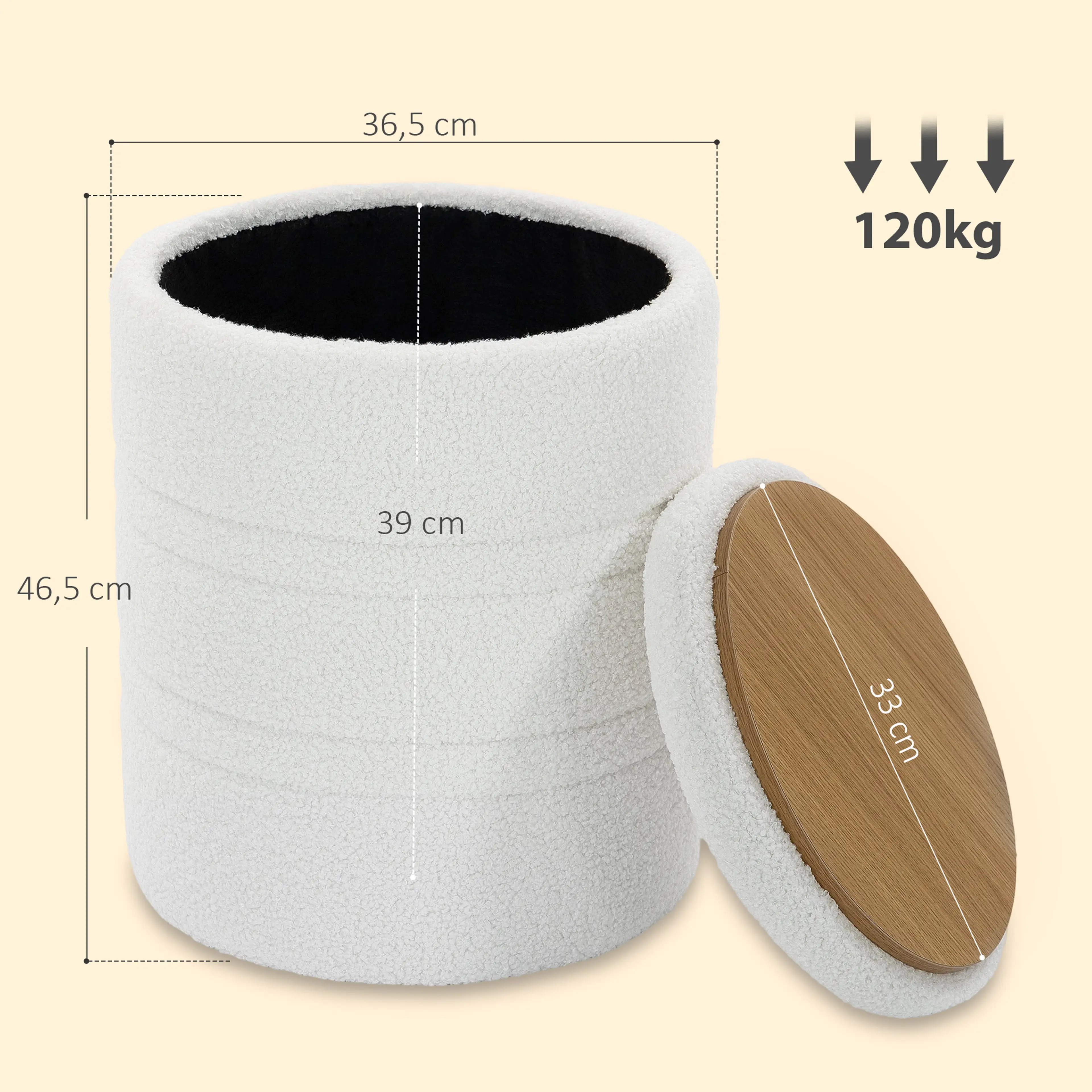 Måttbild: pallen är 36,5 cm i diameter och 46,5 cm hög och bär 120 kg, med locket vänt