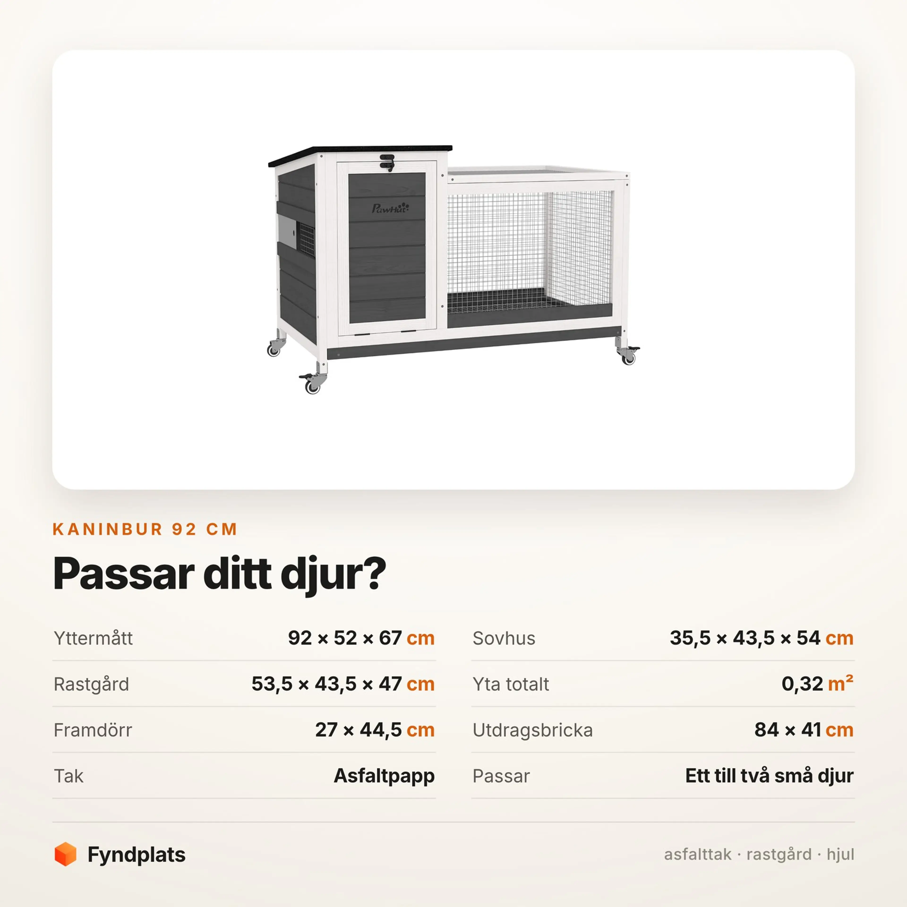 Faktakort: mått och passform för kaninburen på 92 cm