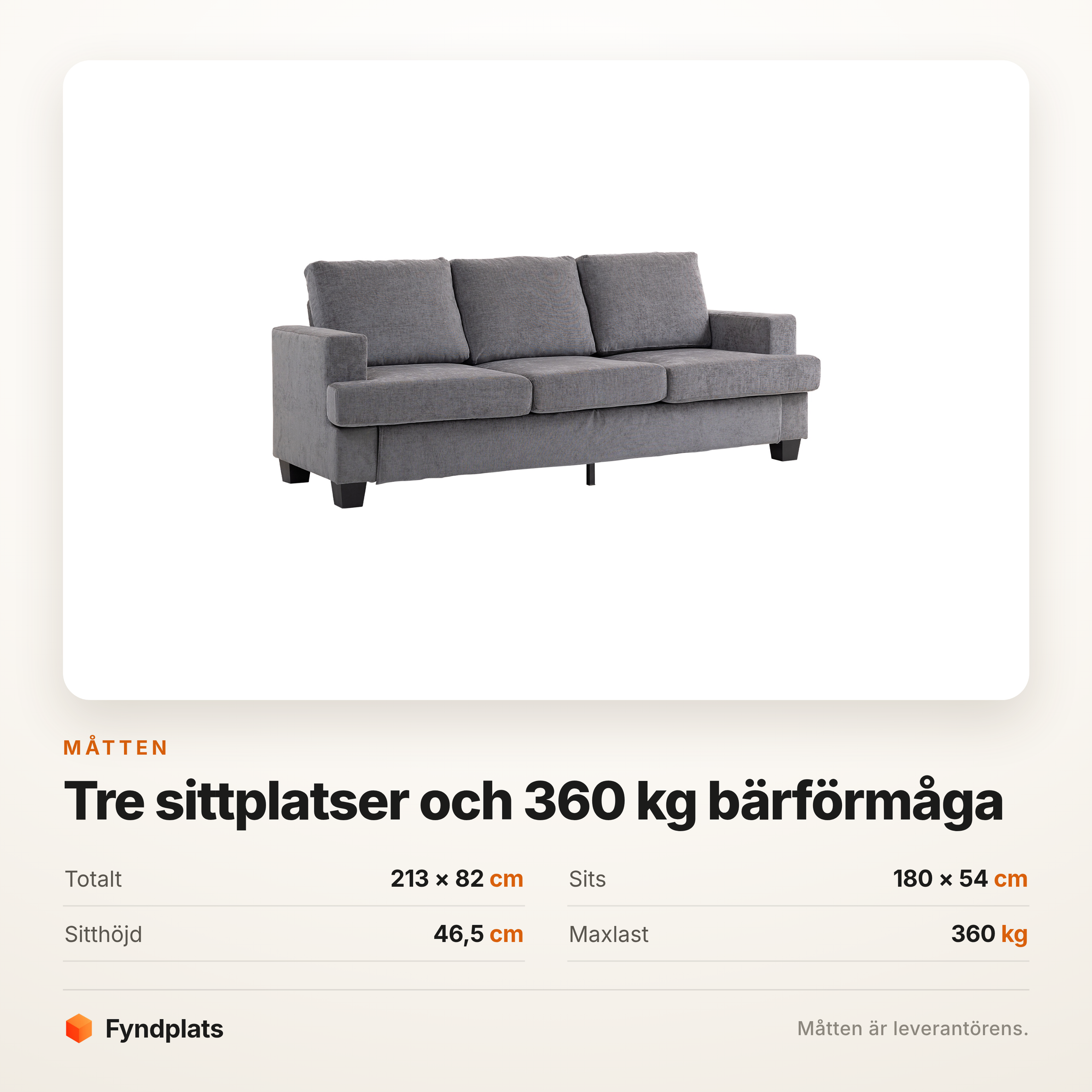 Måttkort: totalt 213 × 82 cm, sits 180 × 54 cm, sitthöjd 46,5 cm, maxlast 360 kg
