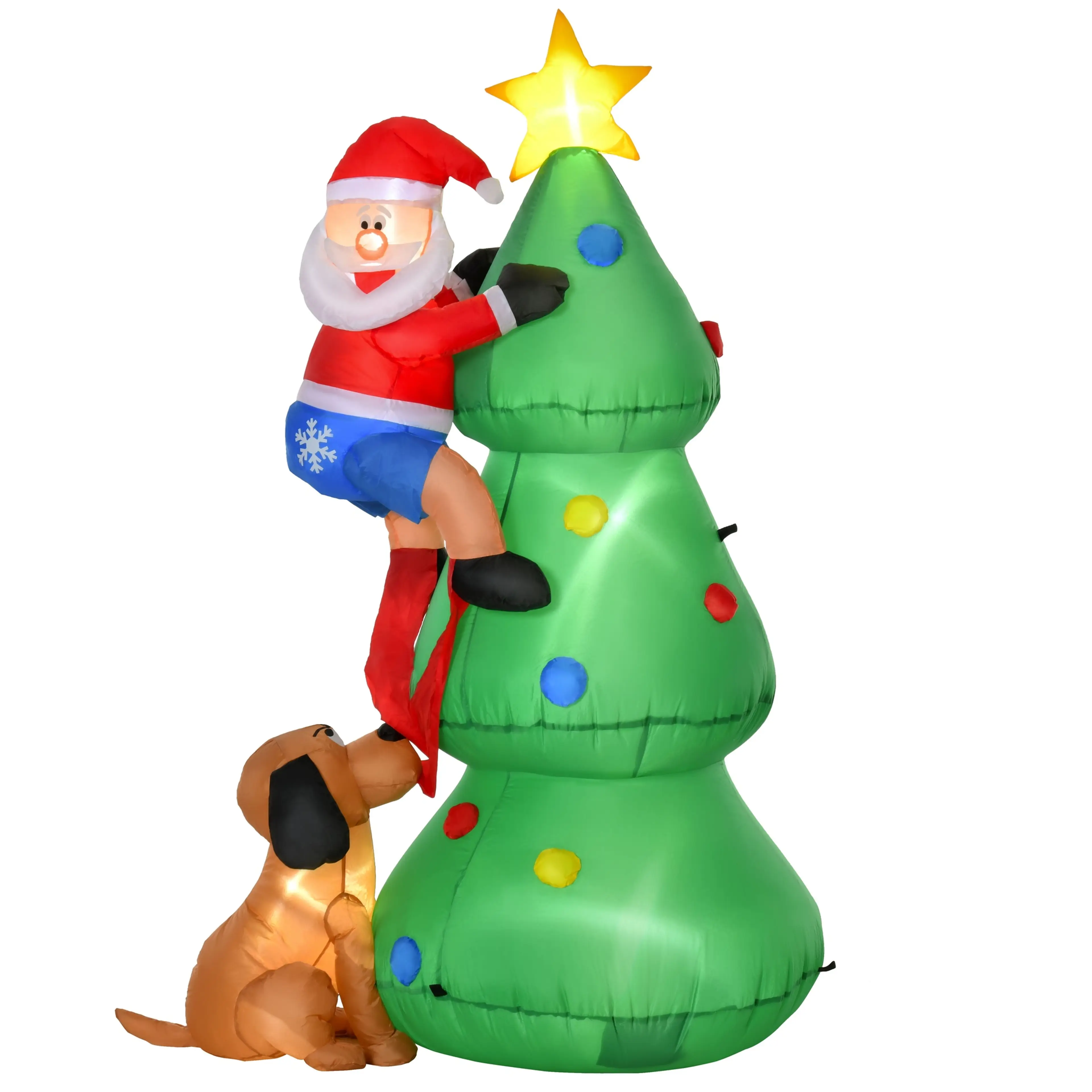 Uppblåsbar julgran med en tomte som klättrar mot stjärnan och en hund vid foten, på vit bakgrund