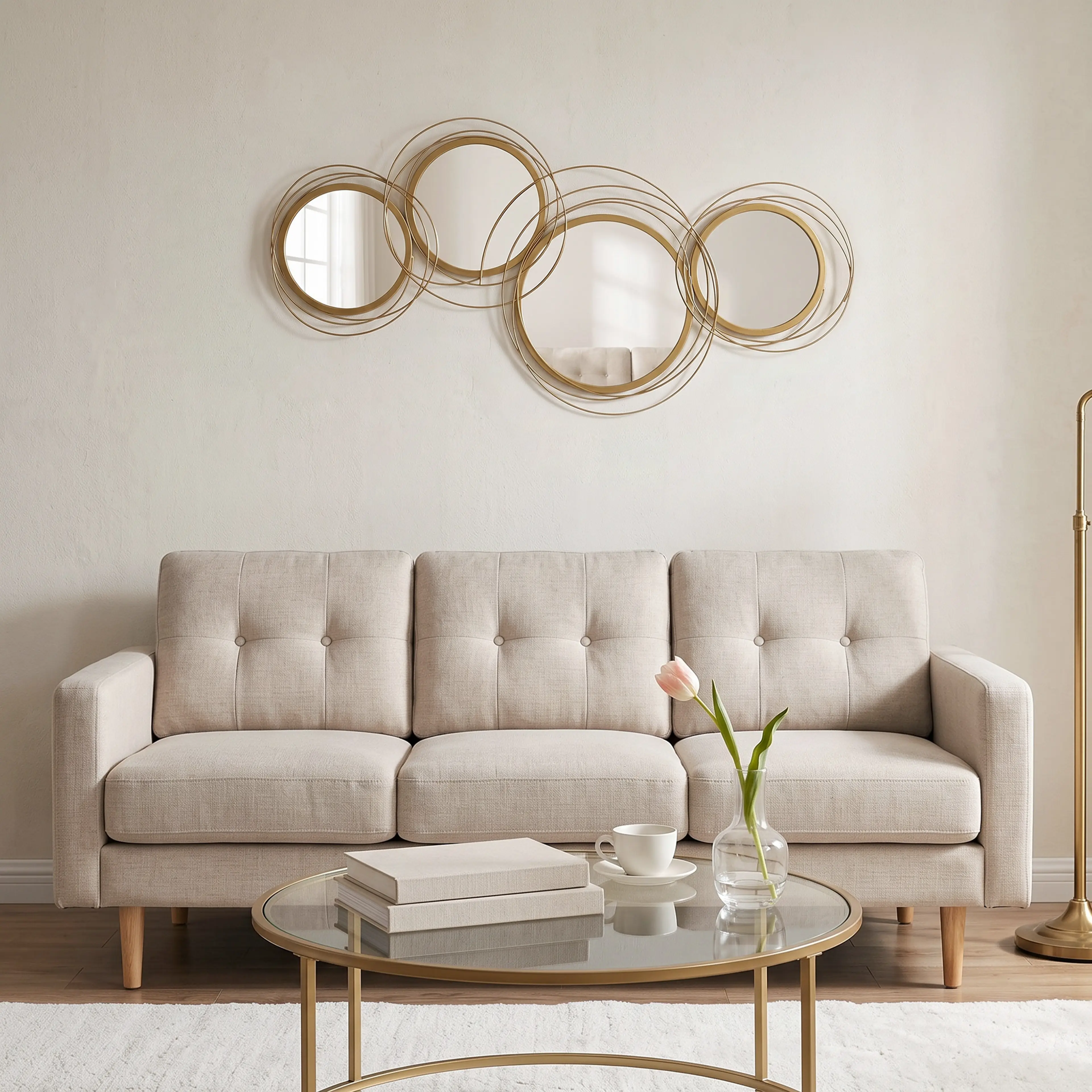 Spegeldekorationen över en beige soffa i ett vardagsrum