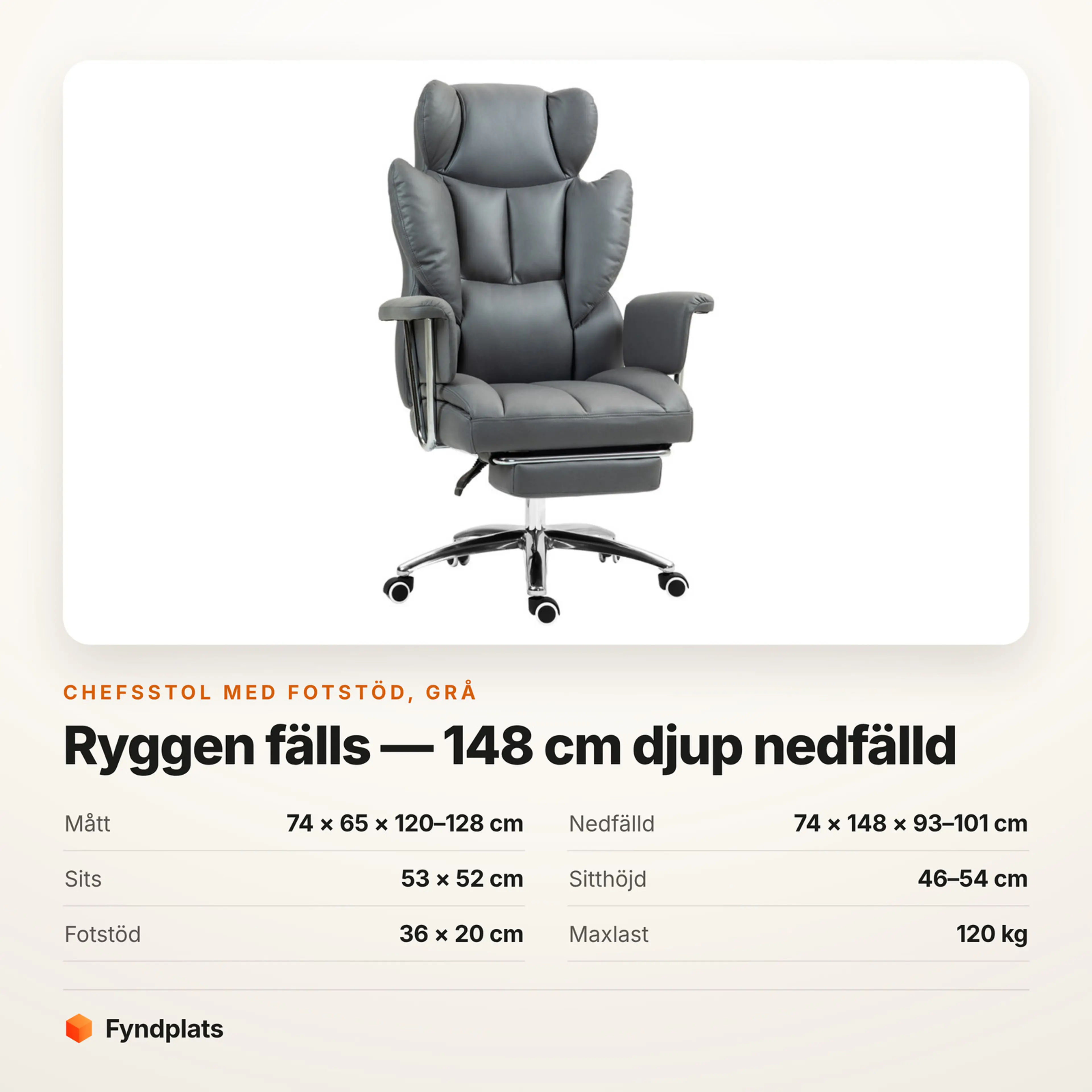 Chefsstol i grå mikrofibertyg med fotstöd – Faktakort med mått, nedfällda mått, sits, sitthöjd, fotstöd och maxlast