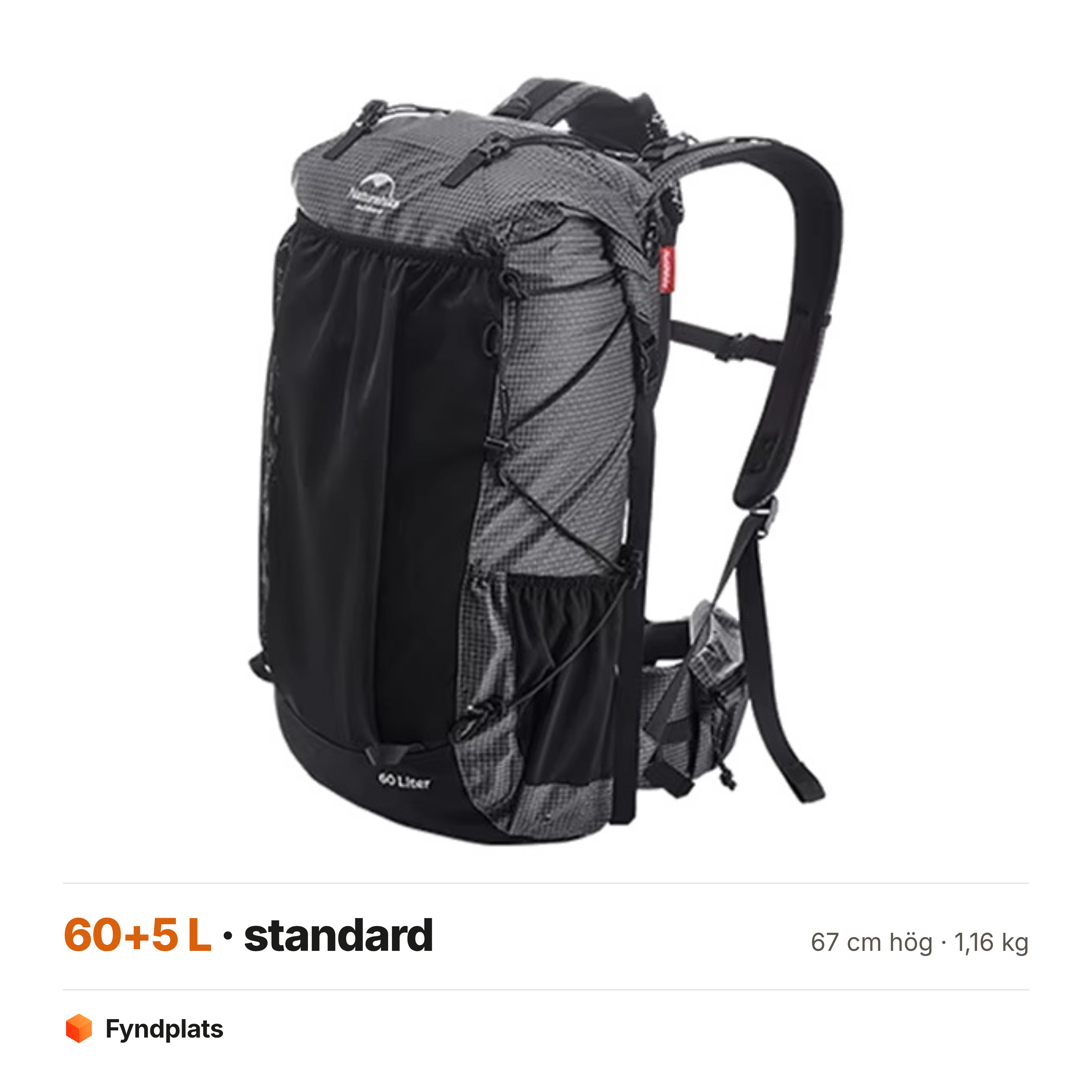 Rock 60+5 liter i standardväv – 67 cm hög och 1,16 kg