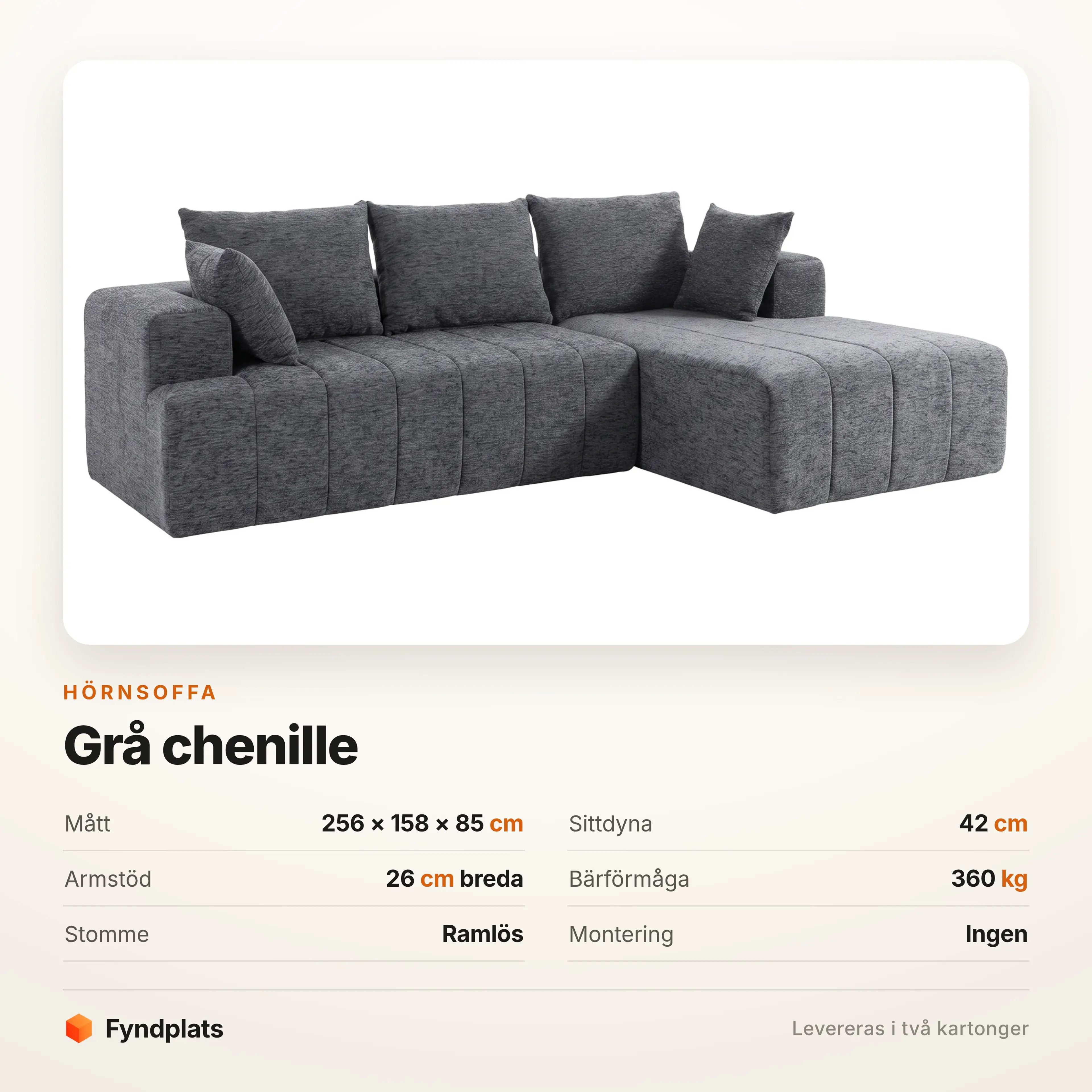 Specifikation: 256 × 158 cm, 42 cm sittdyna, bär 360 kg