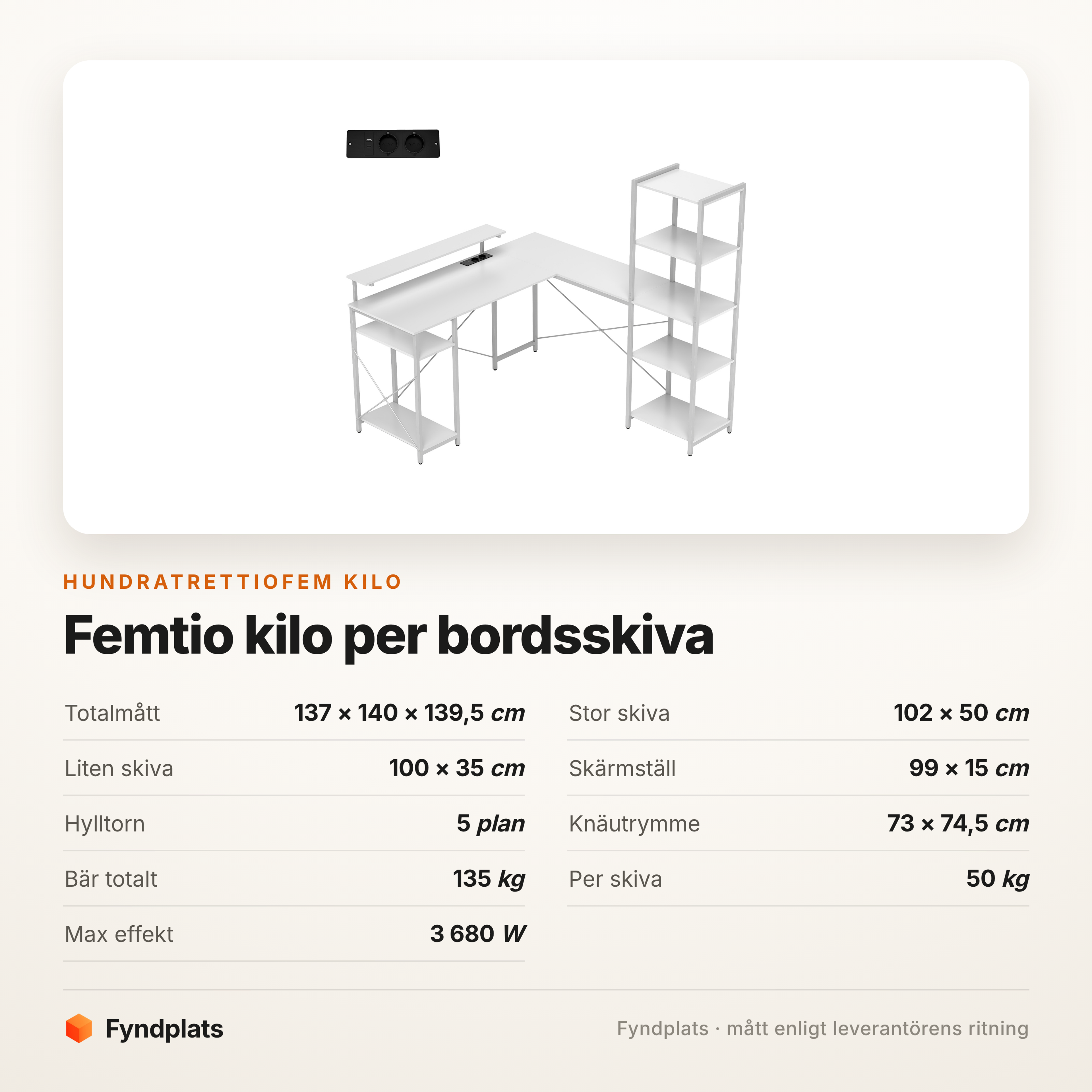 Hörnskrivbord med laddstation och hylltorn – vit – bild 5