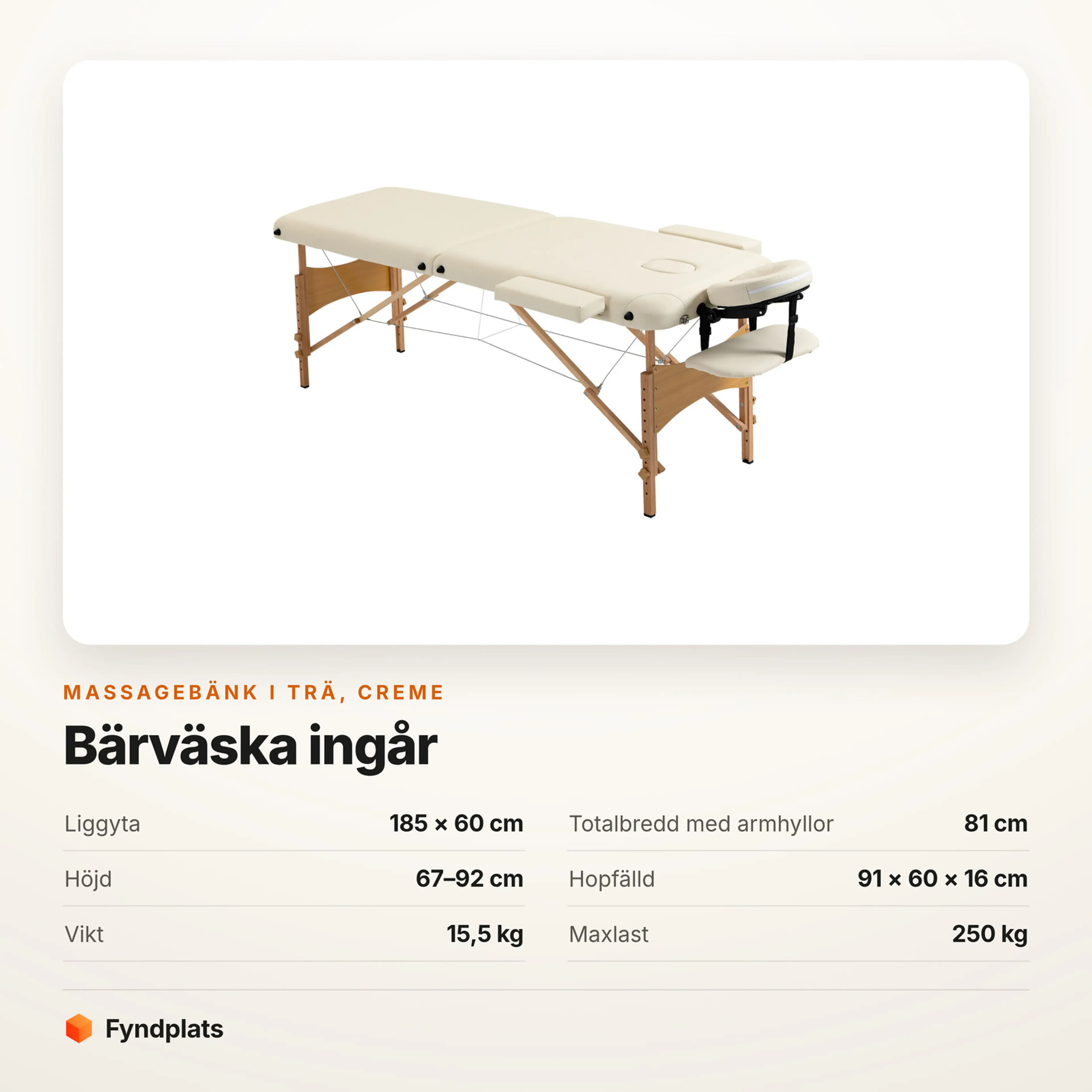 Faktakort: massagebänk i trä creme, liggyta, höjd och maxlast