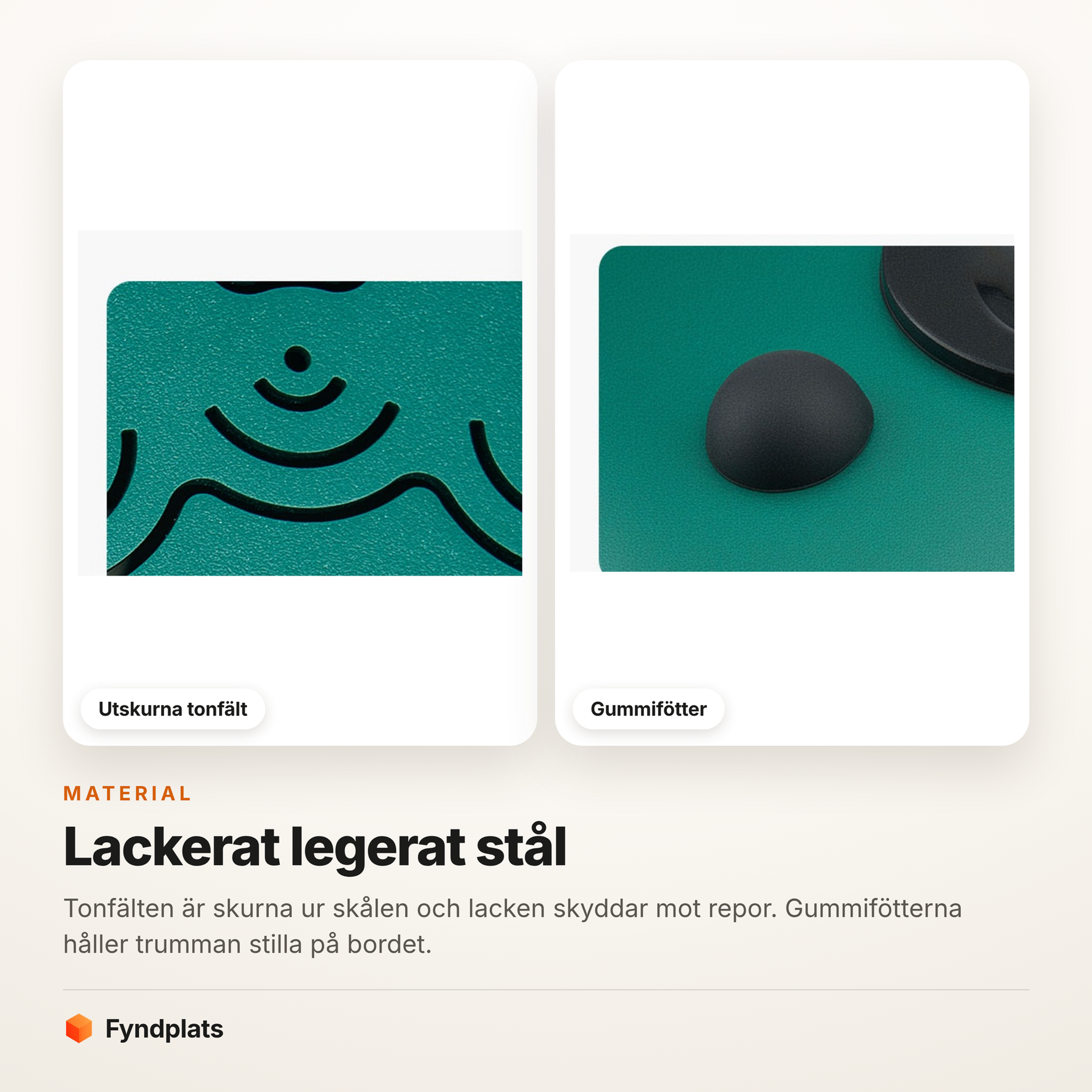 Närbild på utskurna tonfält och gummifötter i lackerat stål