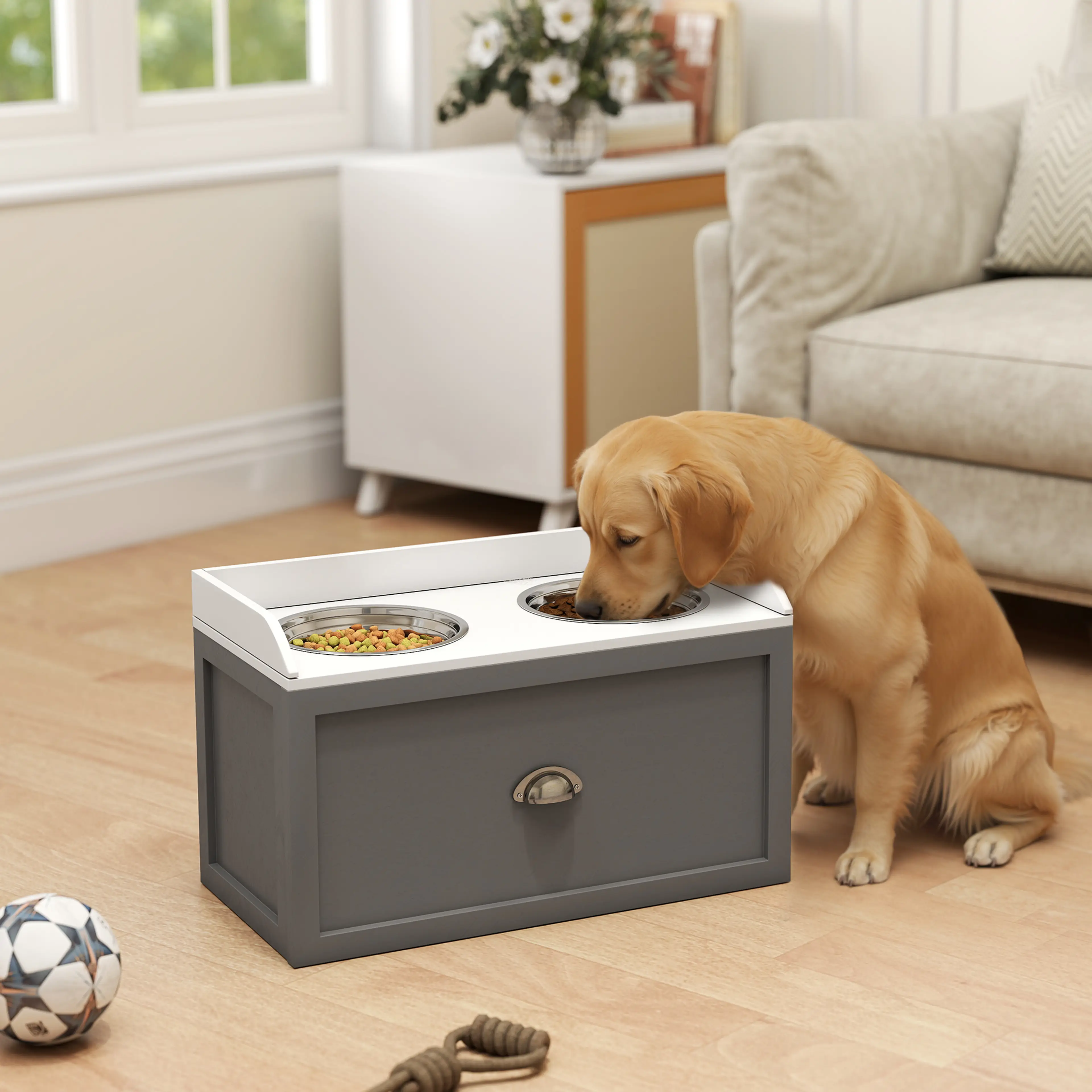 Hund äter ur matskåpets två skålar i ett vardagsrum
