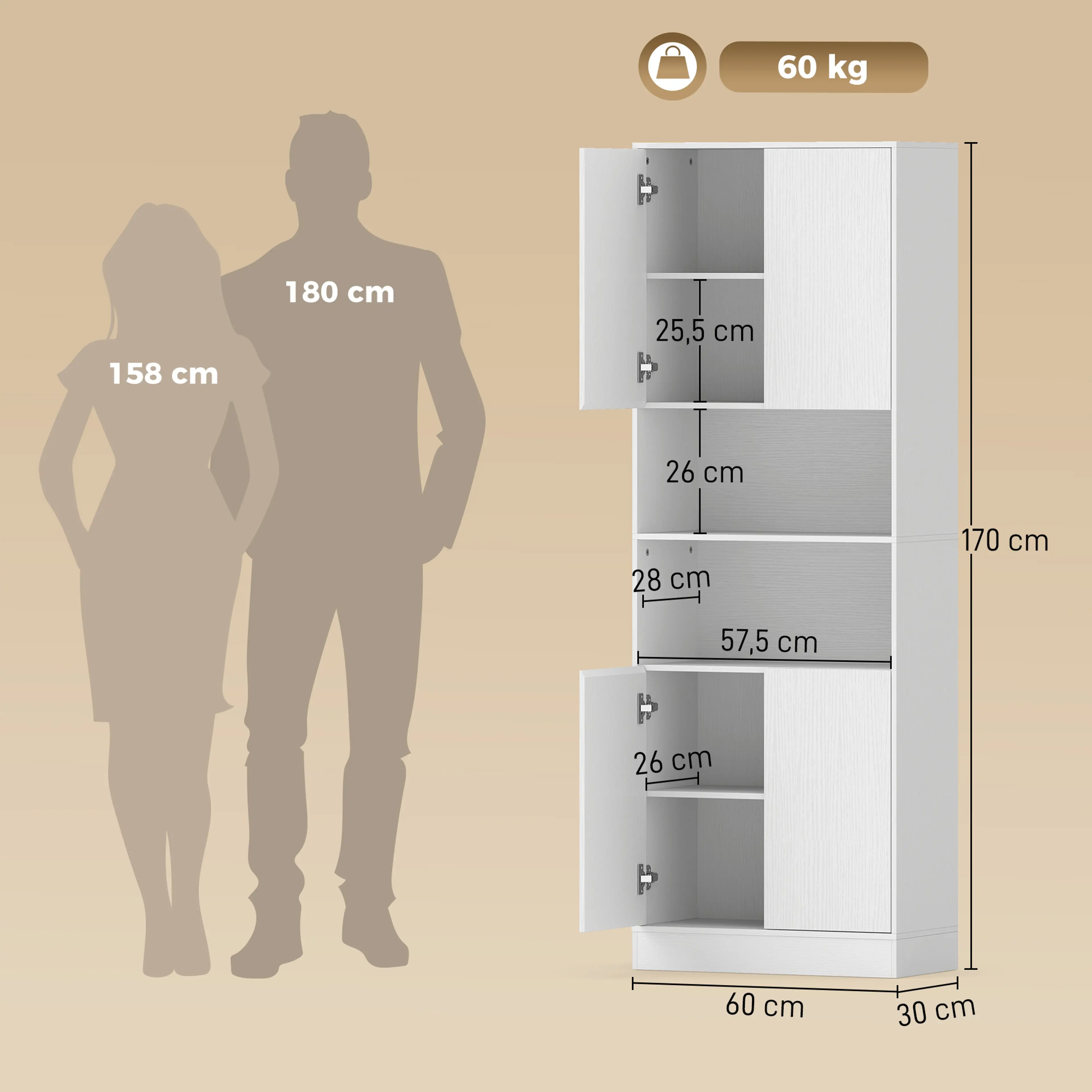 Måttritning för högskåp: 60 × 30 × 170 cm, sex plan, maxlast 60 kg