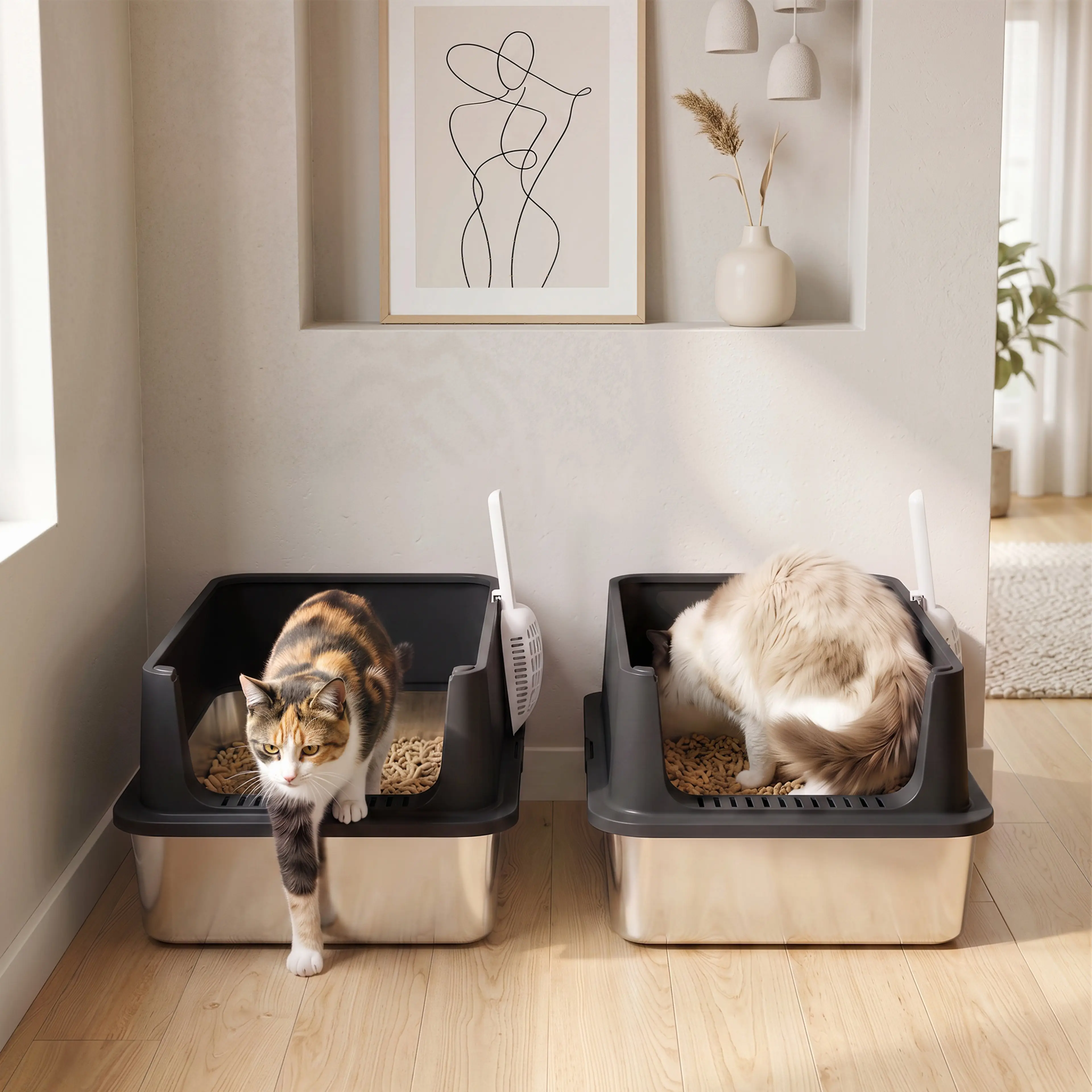 Två katter använder varsin kattlåda uppställda bredvid varandra i ett ljust rum