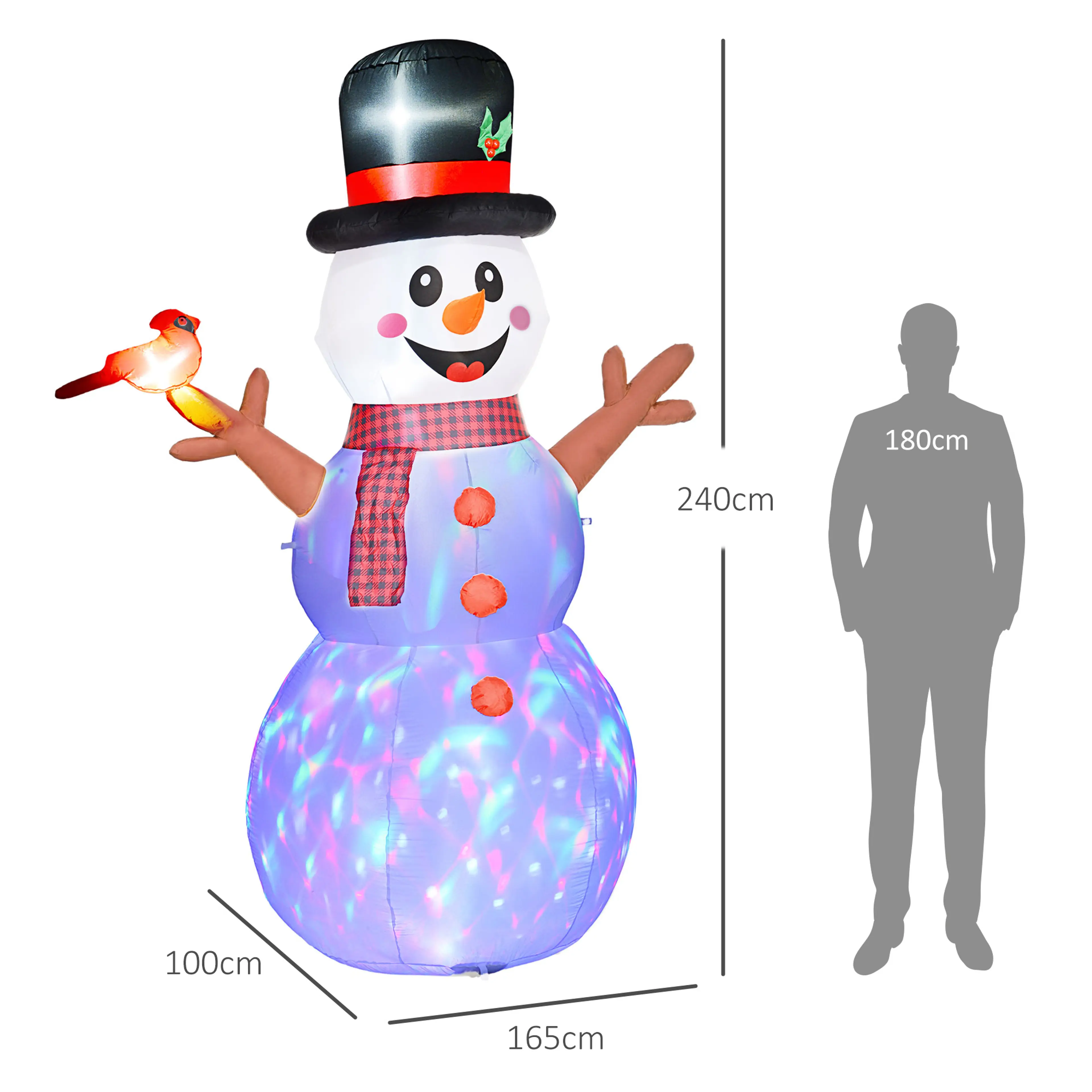 Måttbild: snögubben är 165 × 100 × 240 cm