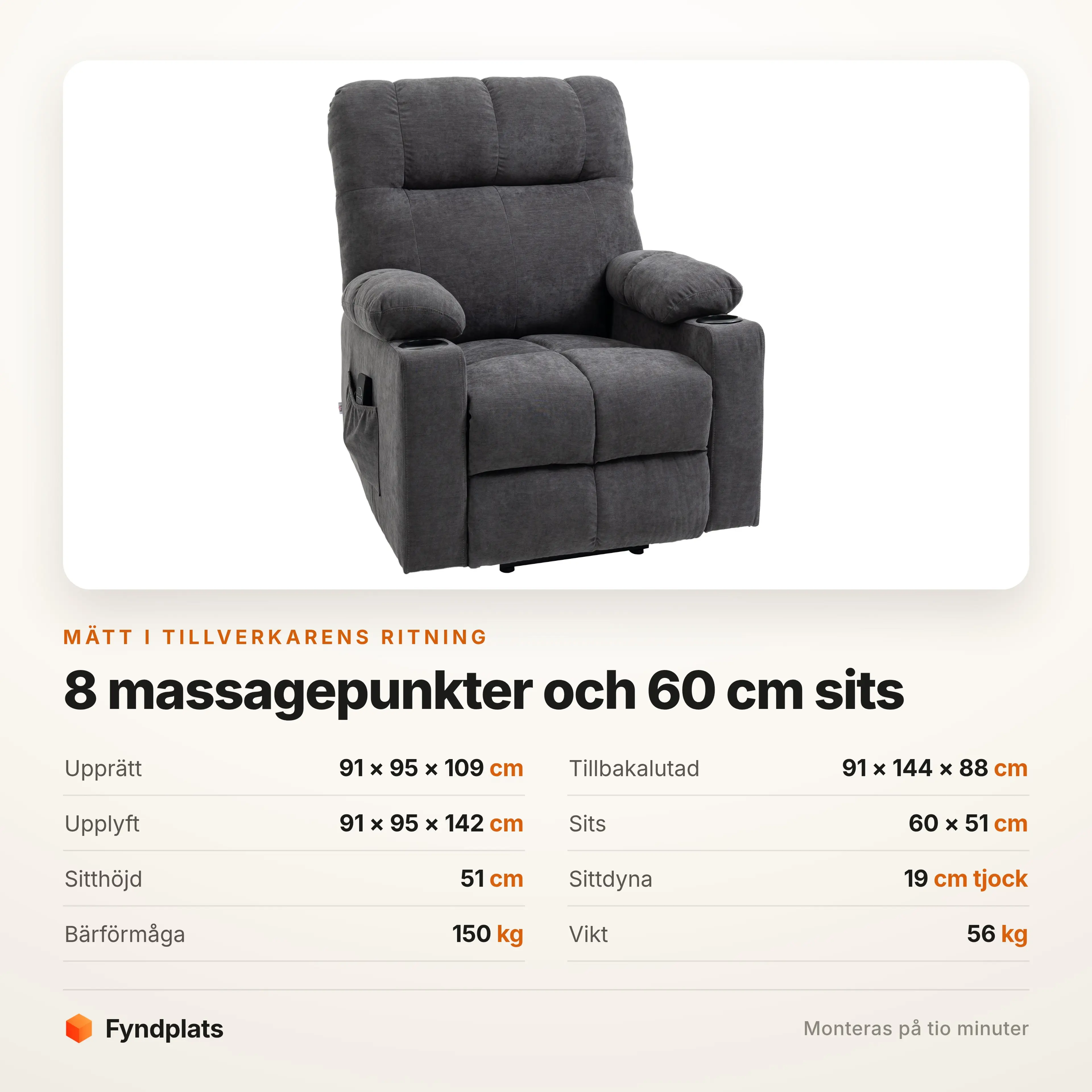 Specifikationer: 91 × 95 × 109 cm, sits 60 cm, bär 150 kg