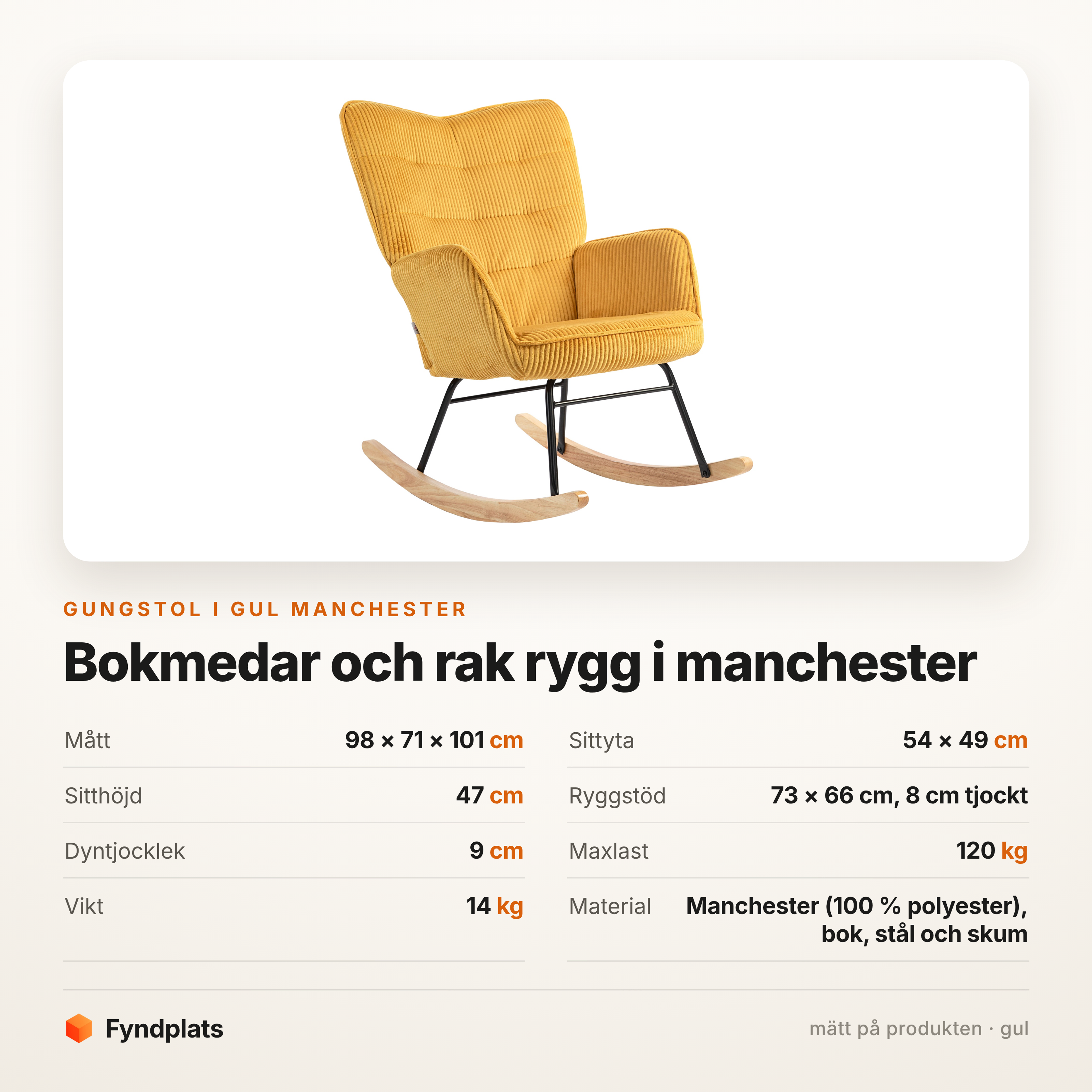 Faktakort: mått, sittyta, ryggstöd och maxlast för den gula manchestergungstolen