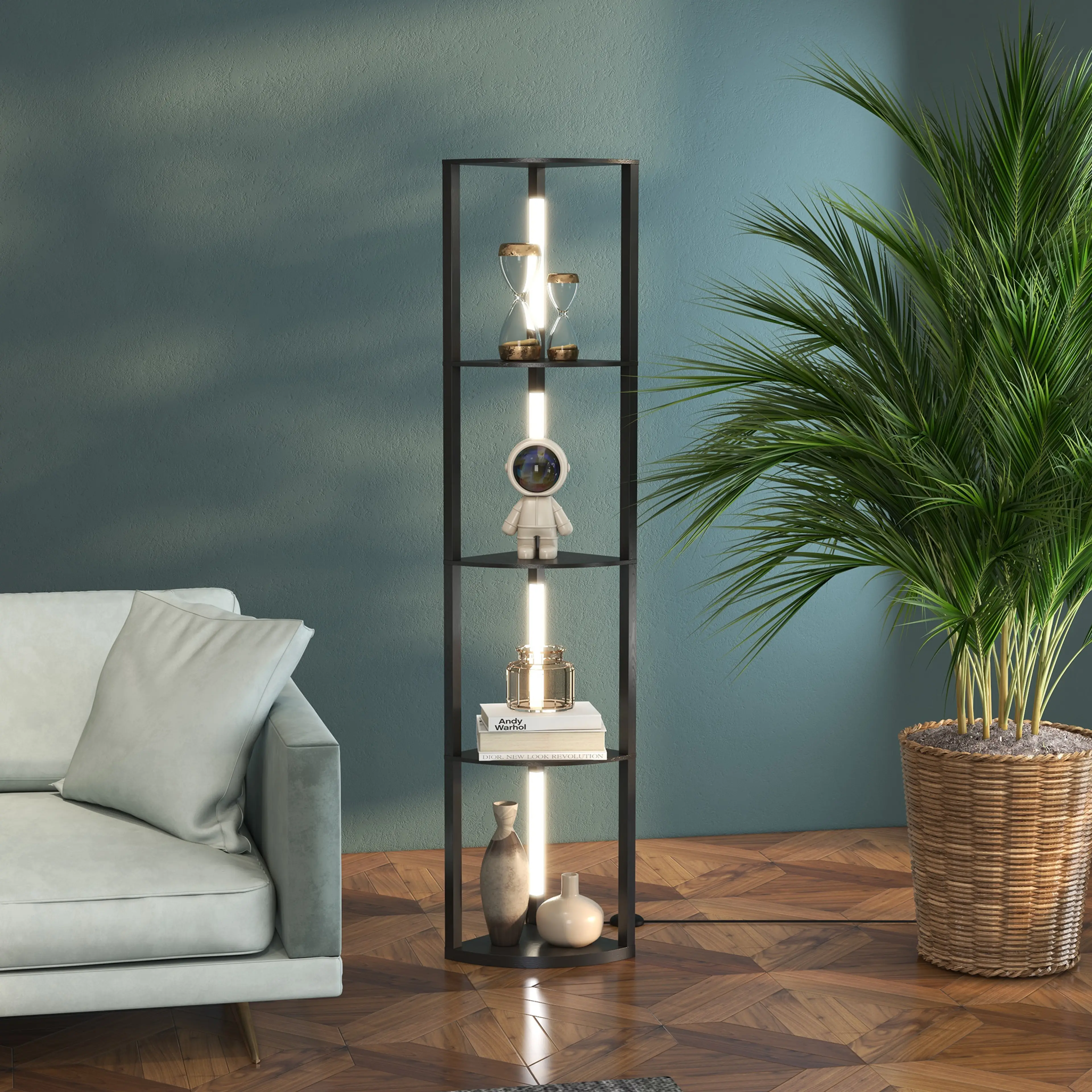 Golvlampa med hörnhylla 163,5 cm – fyra hyllplan och LED-stav – bild 3