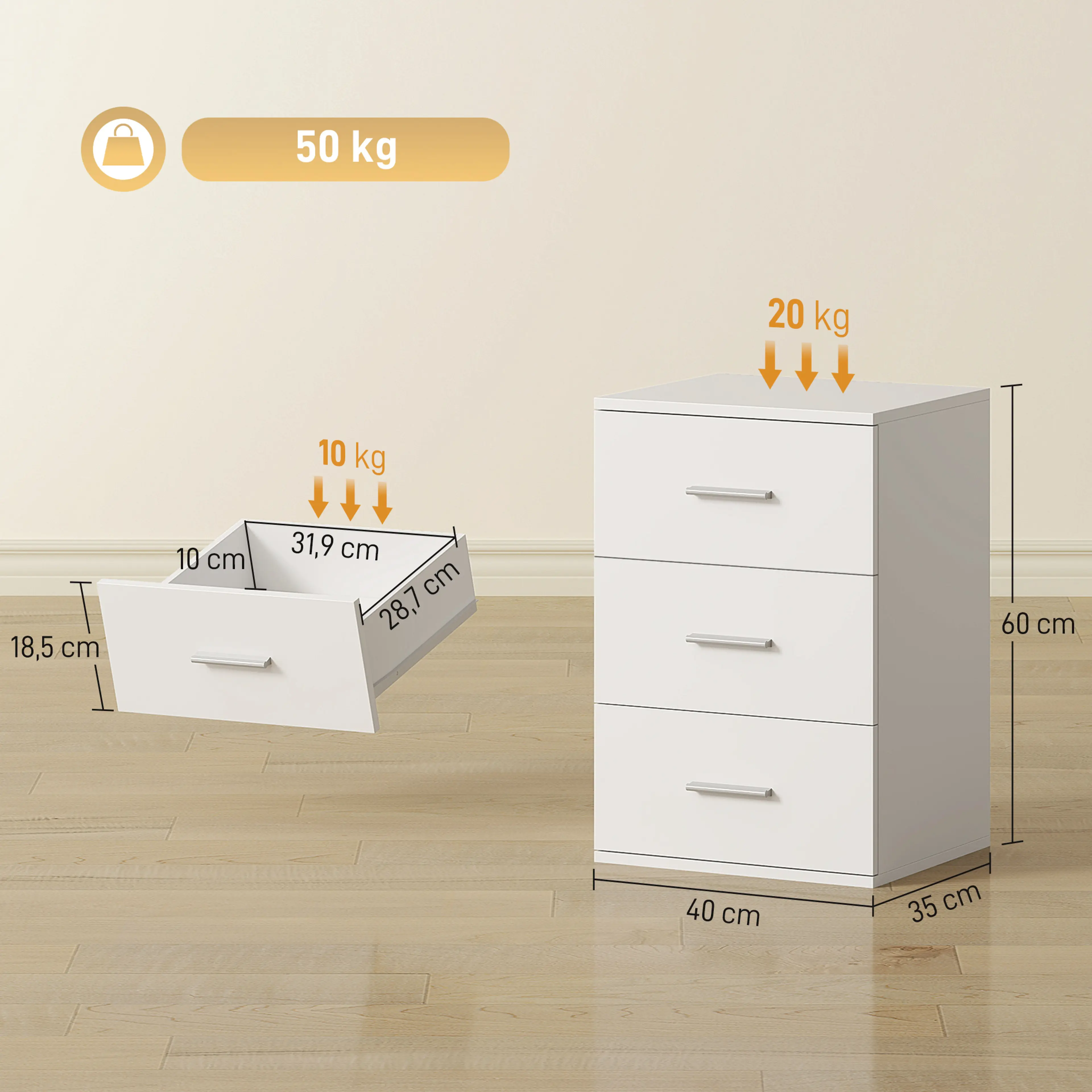 Måttbild: nattduksbordet är 40 × 35 × 60 cm och bär 20 kg ovanpå, 10 kg per låda och 50 kg totalt