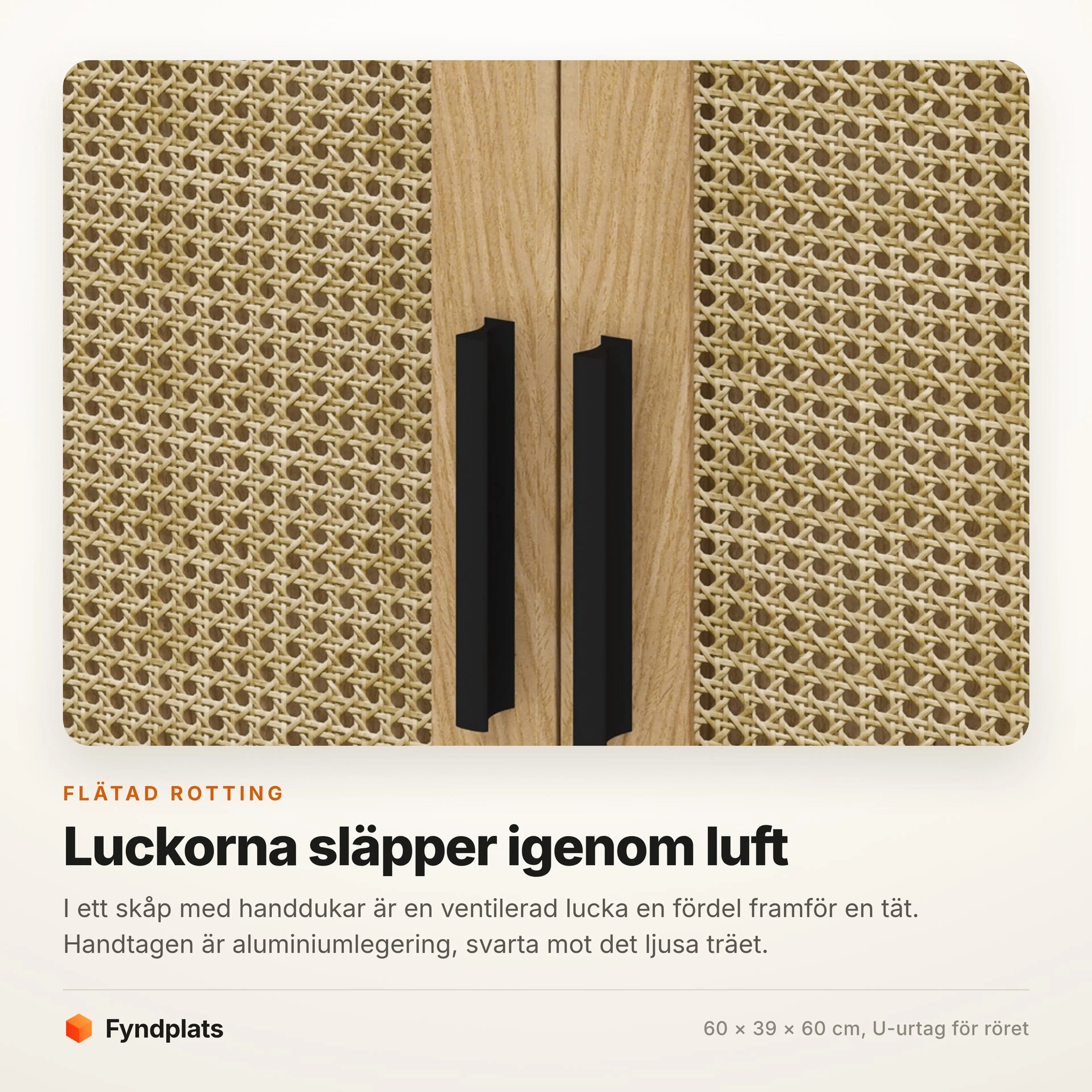 Tvättställsskåp 60 cm i ek med rottingluckor – bild 3