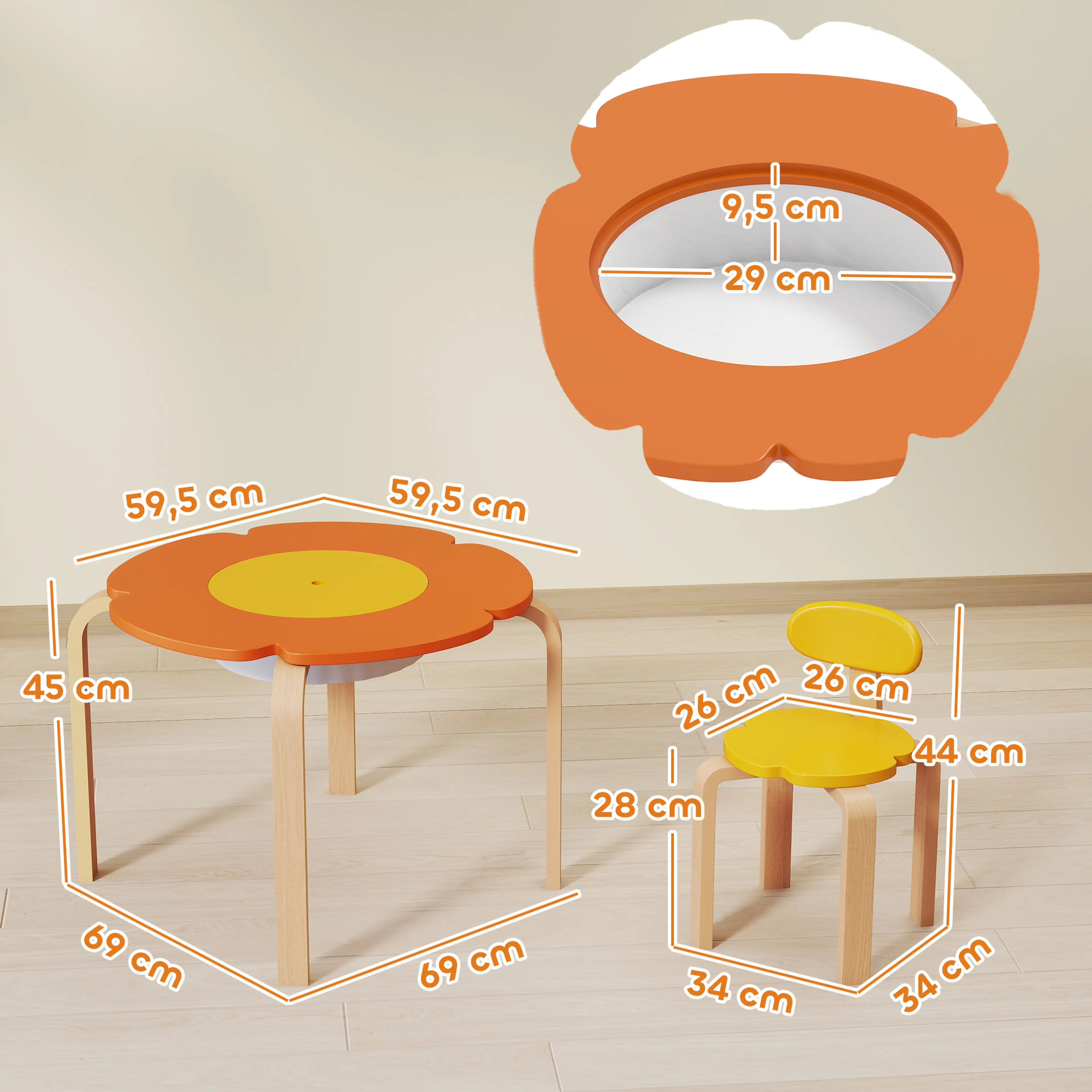 Måttbild: bordet är 69 × 69 × 45 cm och stolarna 34 × 34 × 44 cm