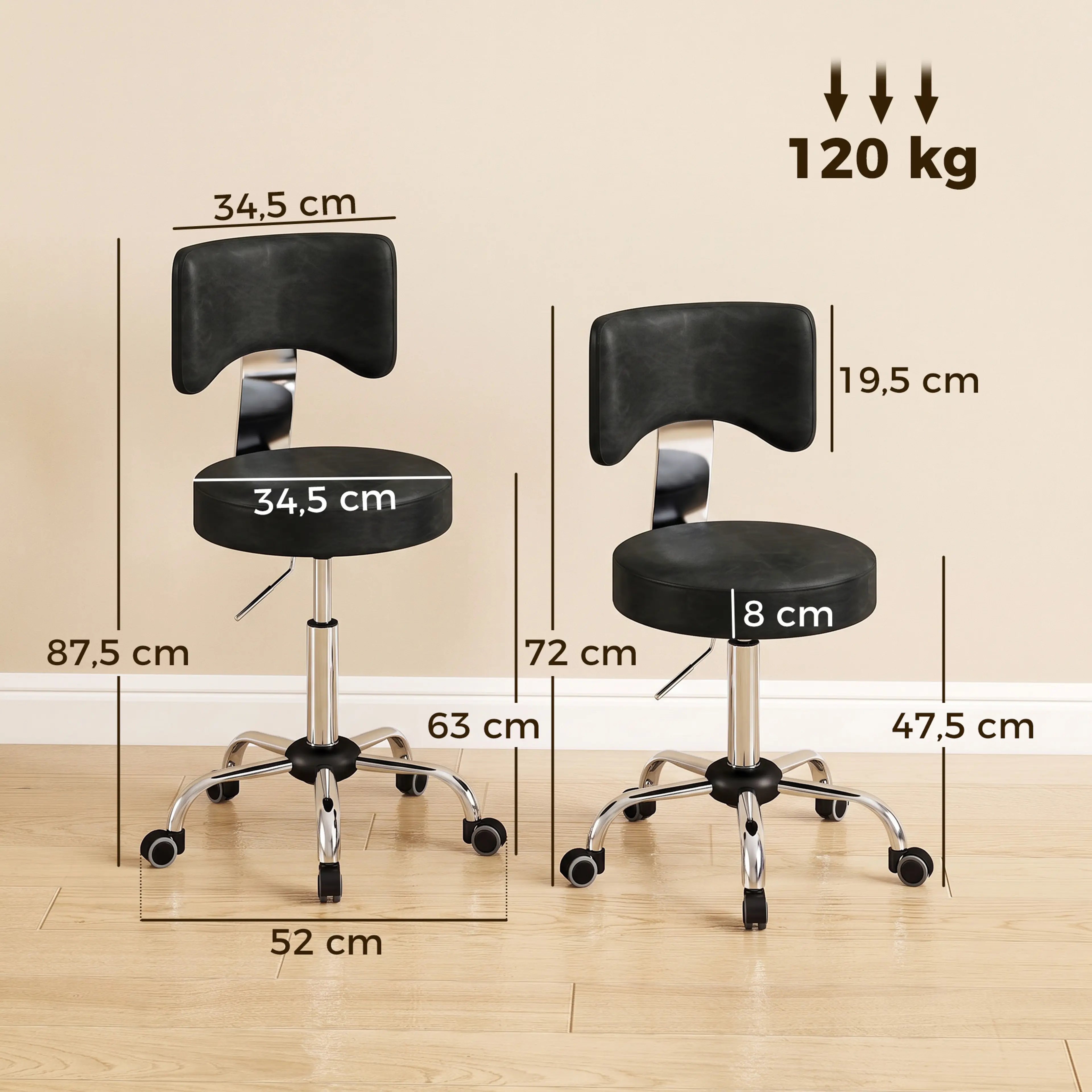 Måttbild: sitthöjd 47,5–63 cm, total höjd 72–87,5 cm och sits 34,5 cm