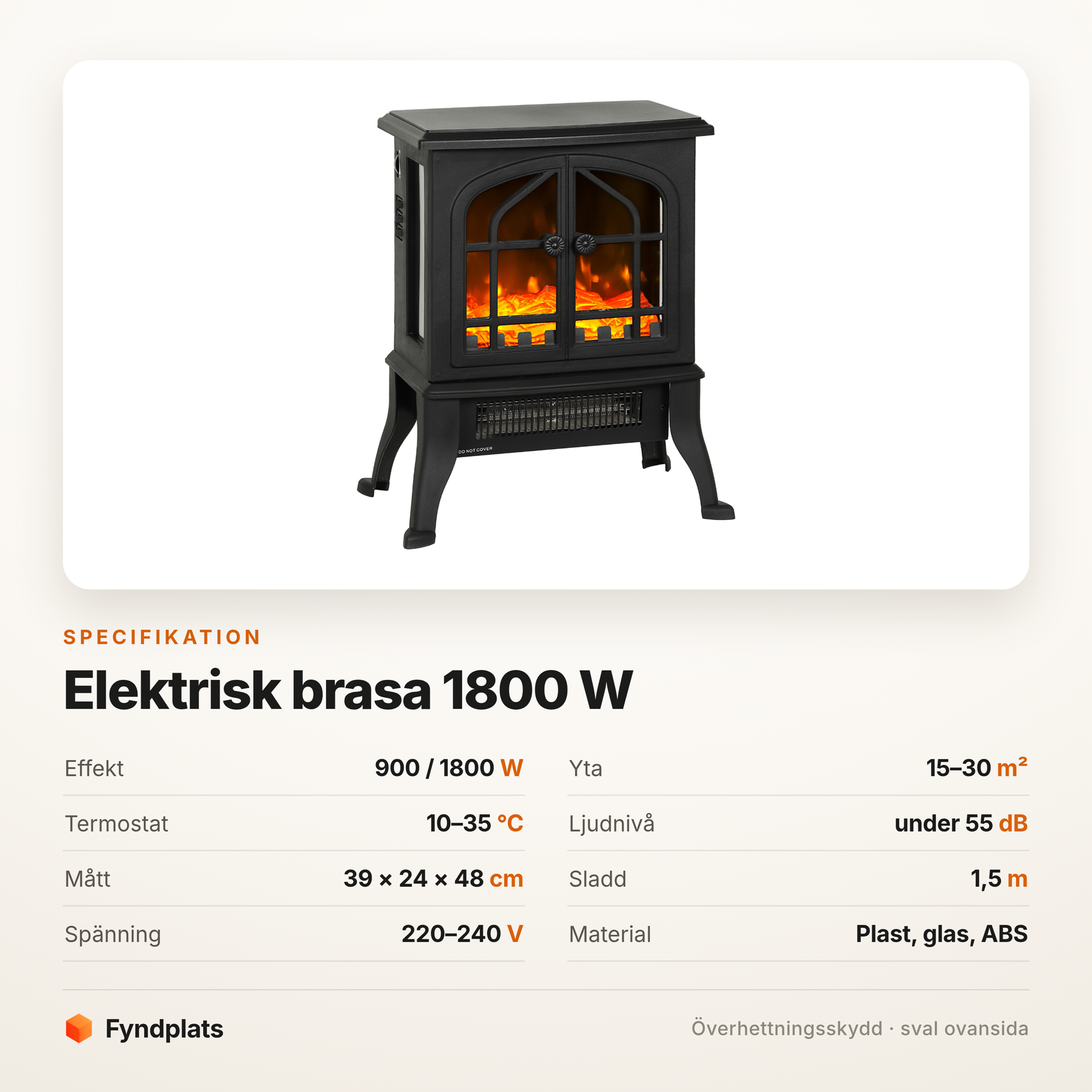 Specifikation för elektrisk brasa – 900/1800 W, 15–30 m², termostat 10–35 °C