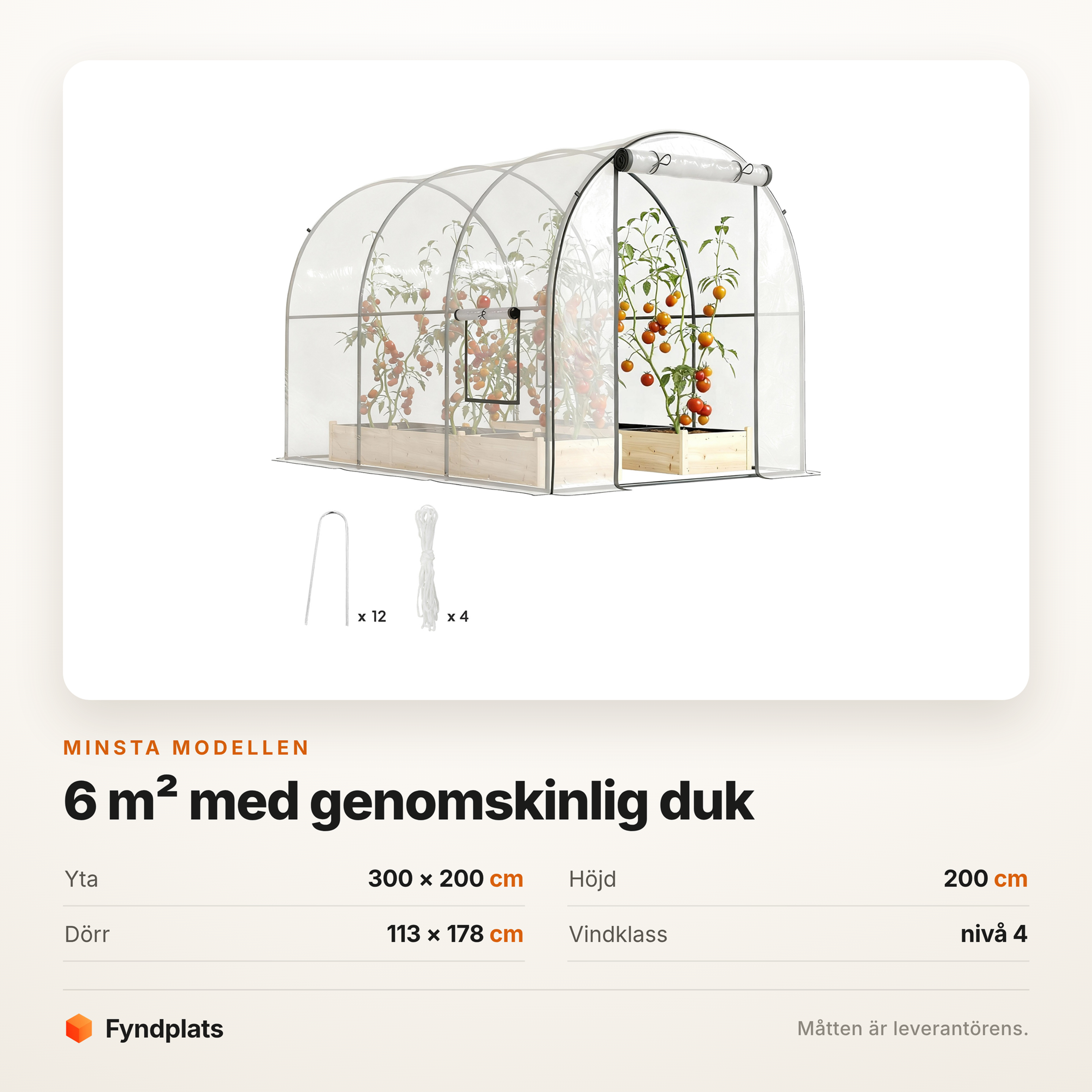 Måttkort: 300 × 200 cm yta, 200 cm höjd, dörr 113 × 178 cm, vindklass nivå 4