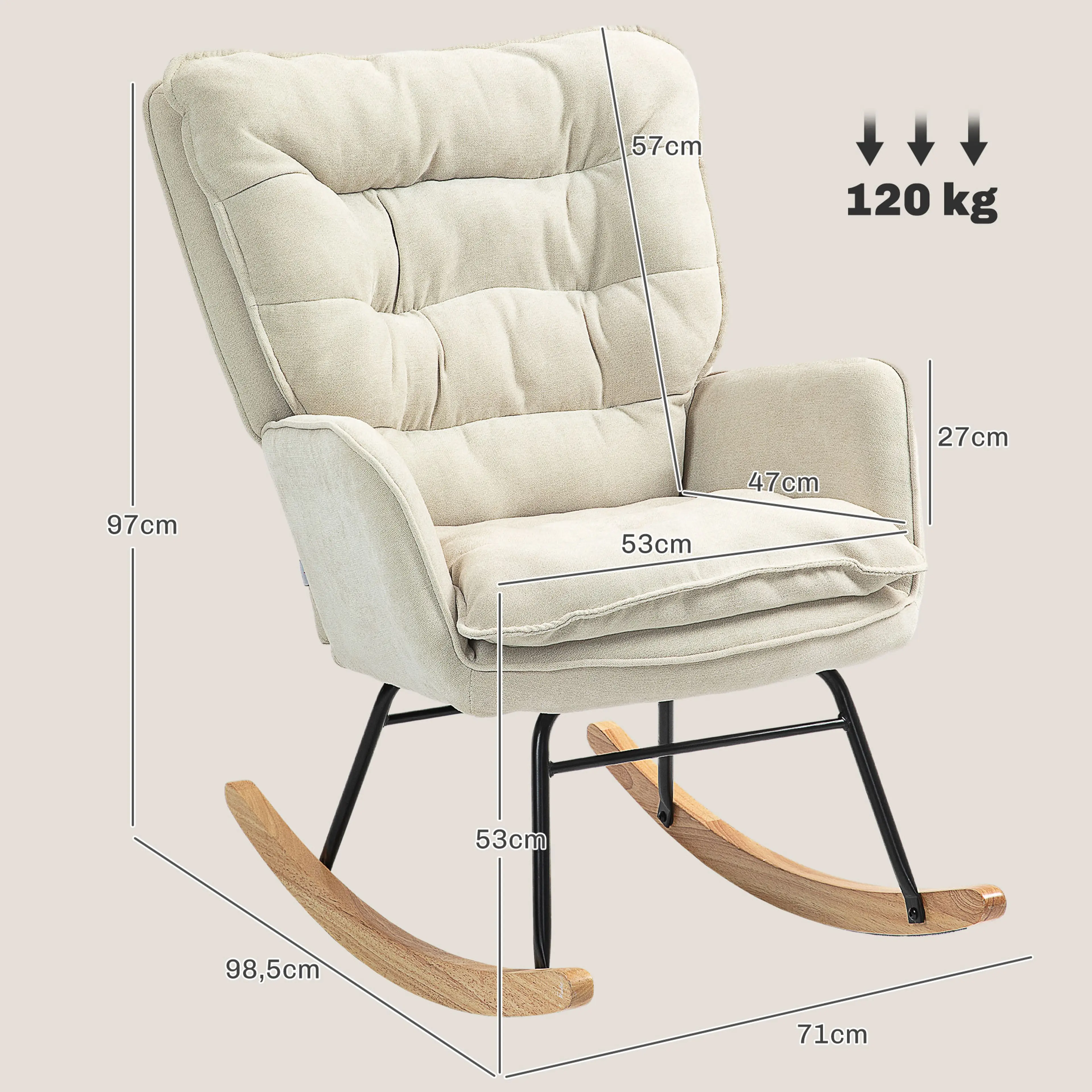 Måttskiss: 98,5 × 71 cm golvyta, 97 cm höjd, 53 cm sits och 120 kg maxlast