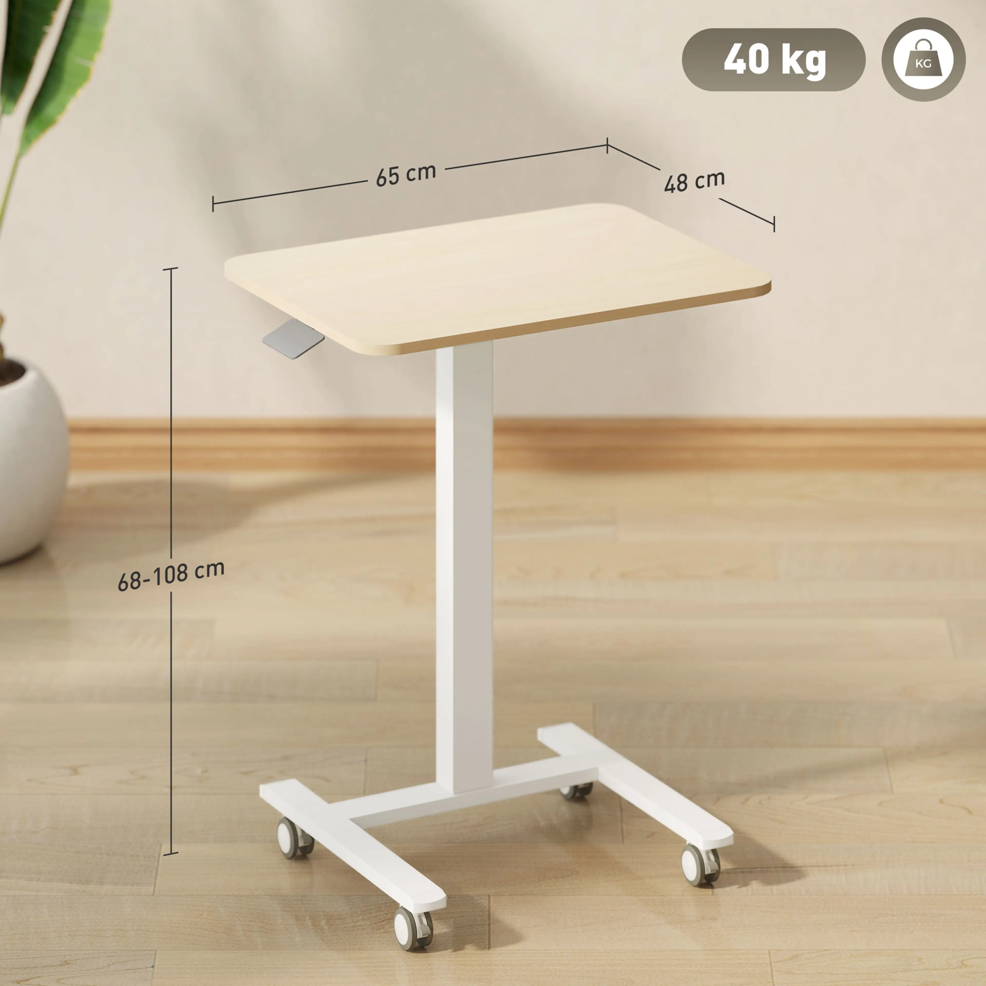 Måttbild: skivan är 65 × 48 cm, höjden 68–108 cm och bordet bär 40 kg