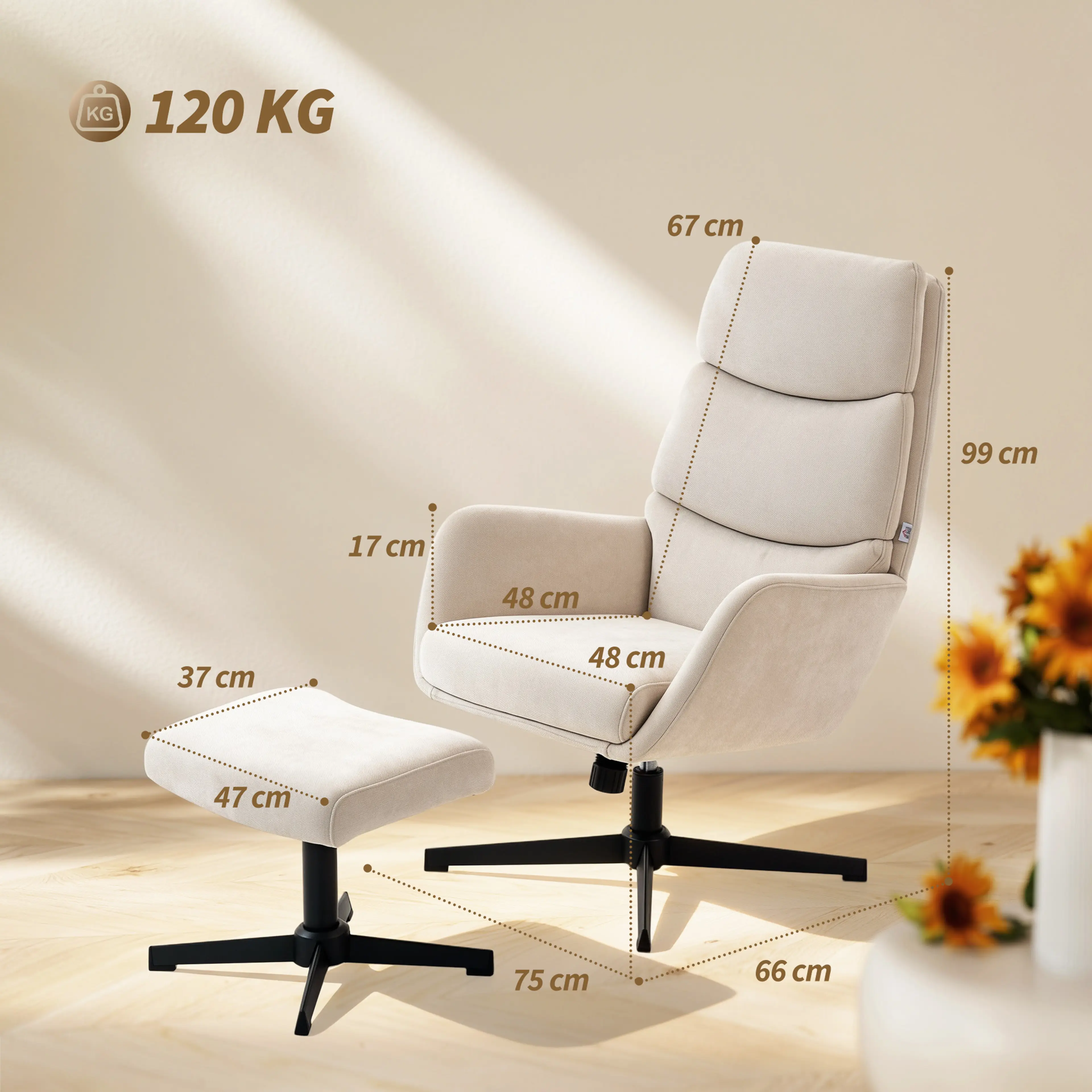 Måttritning: fåtöljen är 75 cm bred, 66 cm djup och 99 cm hög, sitsen 48 × 48 cm på 41 cm höjd, fotpallen 47 × 37 cm