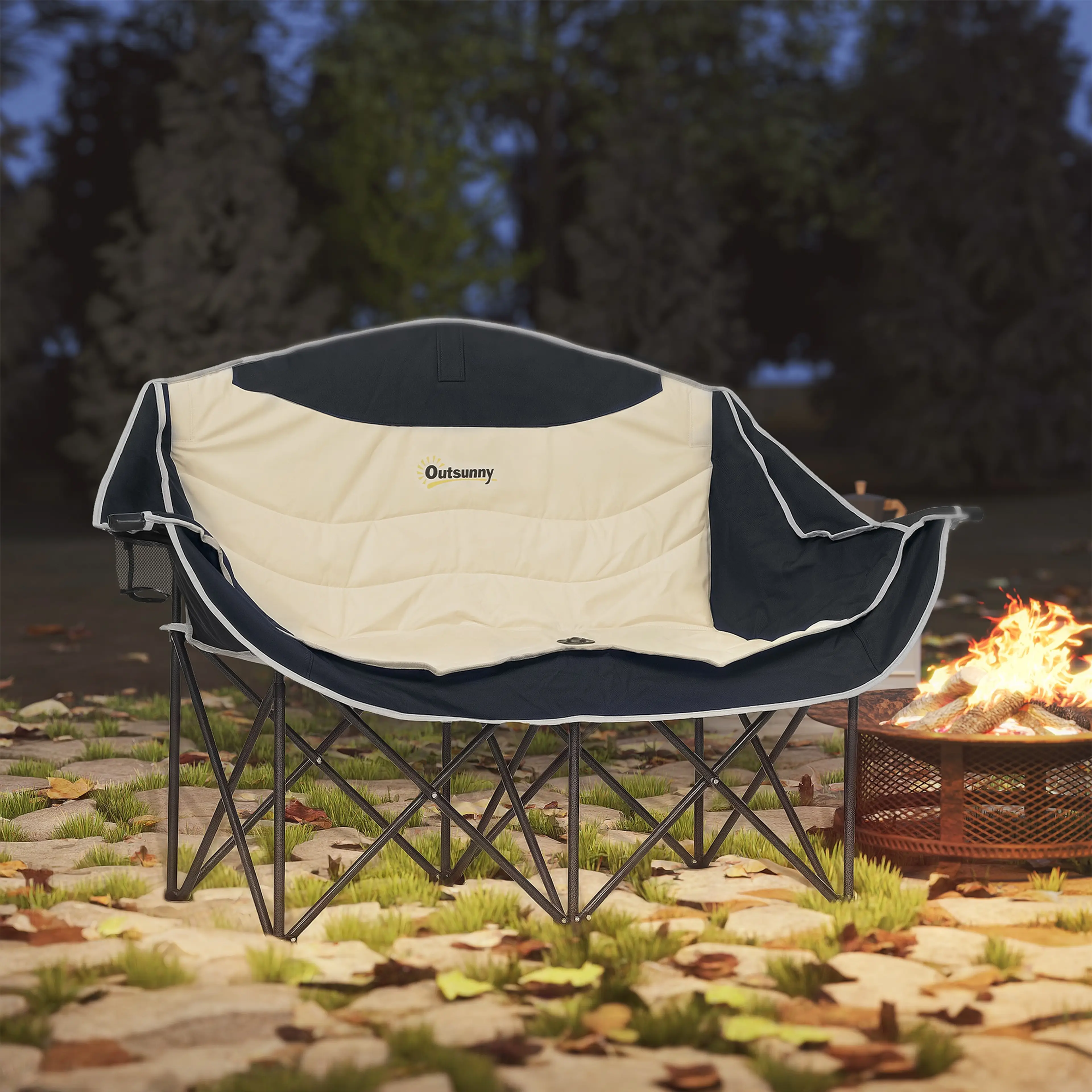 Khakifärgad dubbel campingstol med två sitsar och svart ram (2)