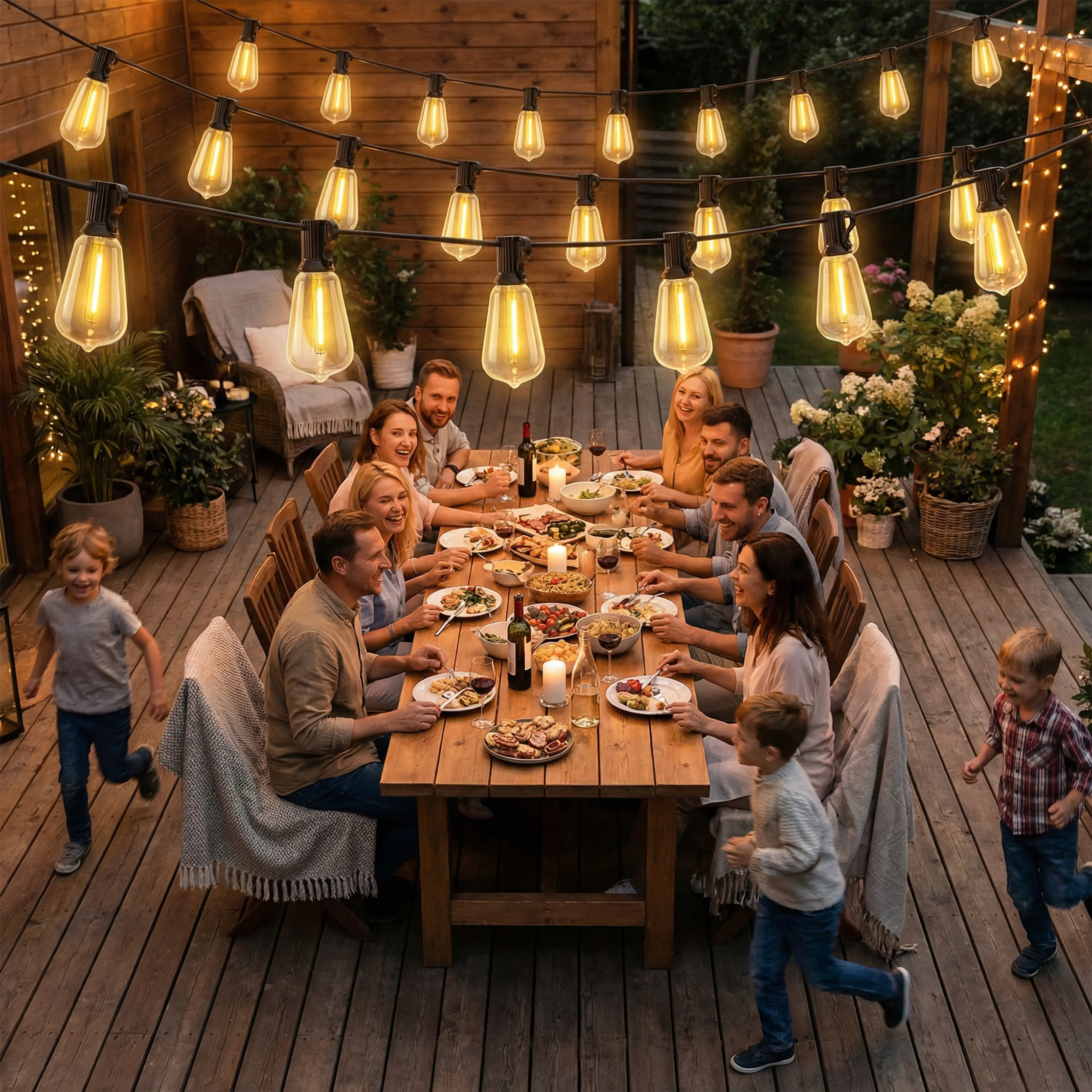 Ljusslingan över ett långbord på en trädäckad altan med familj och lekande barn
