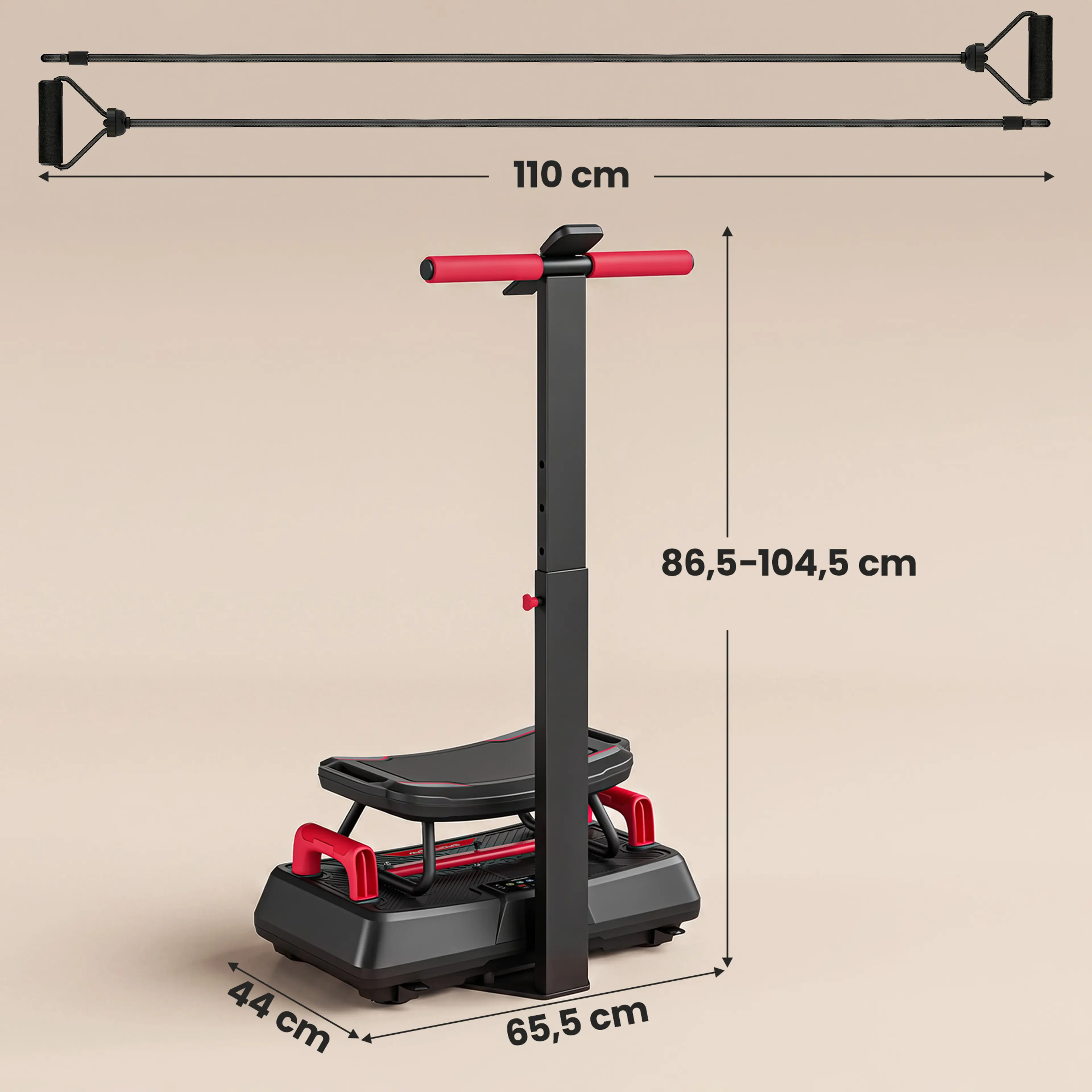 Måttbild på vibrationsplattan med sitsen påsatt, 65,5 × 44 cm och 86,5–104,5 cm hög, med två träningsband