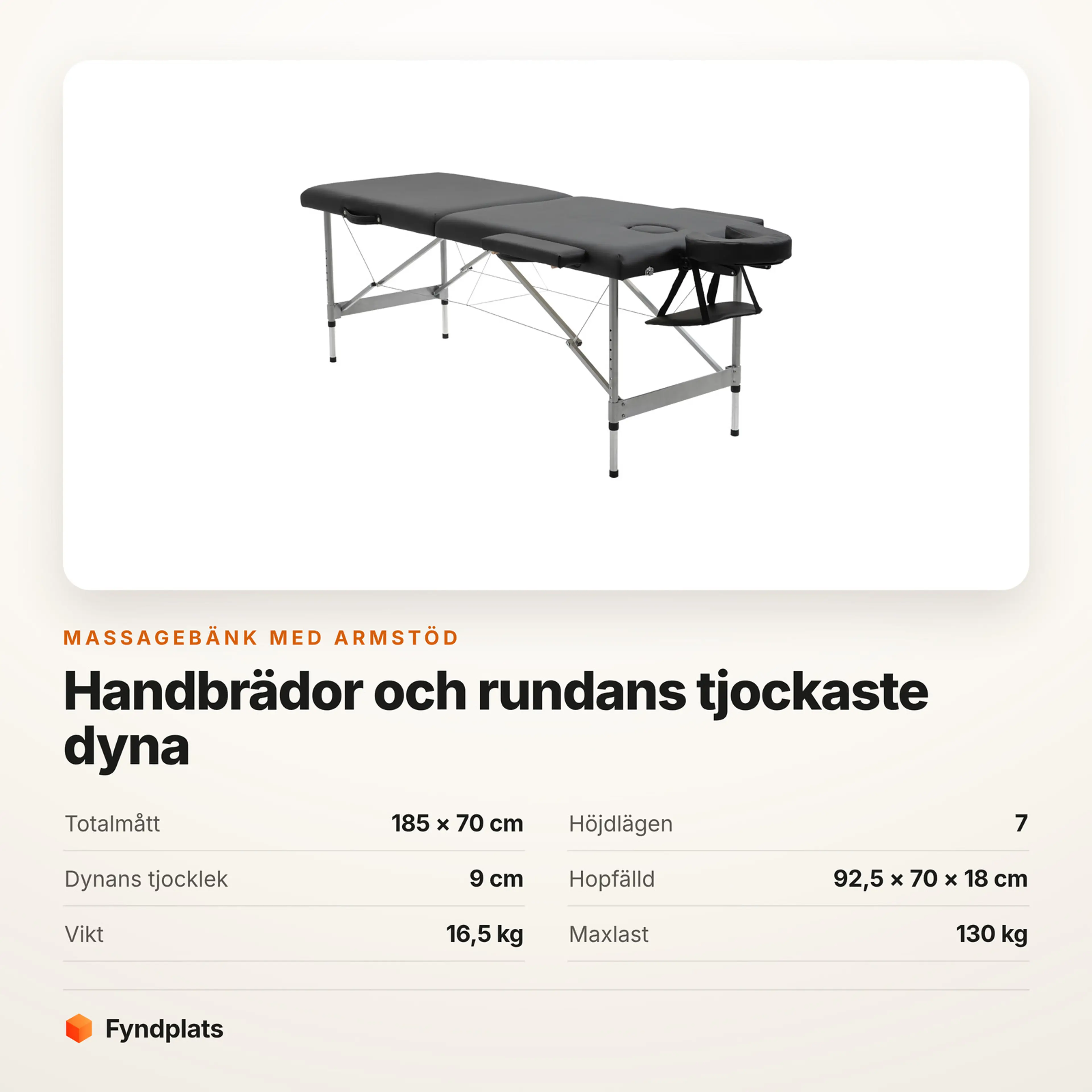 Faktakort: massagebänk med armstöd, mått, höjdlägen och maxlast