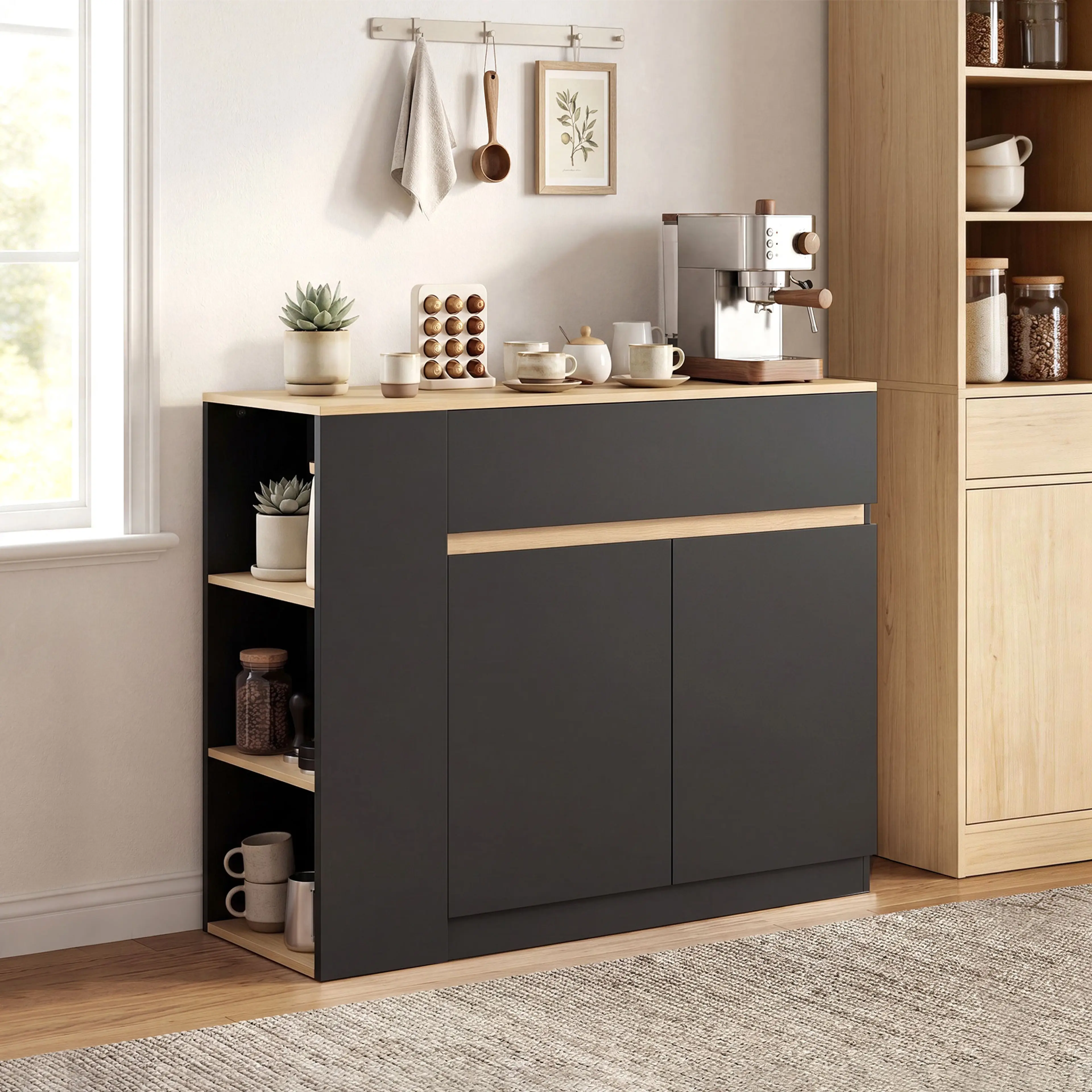 Sideboarden i ett kök med espressomaskin, koppar och burkar