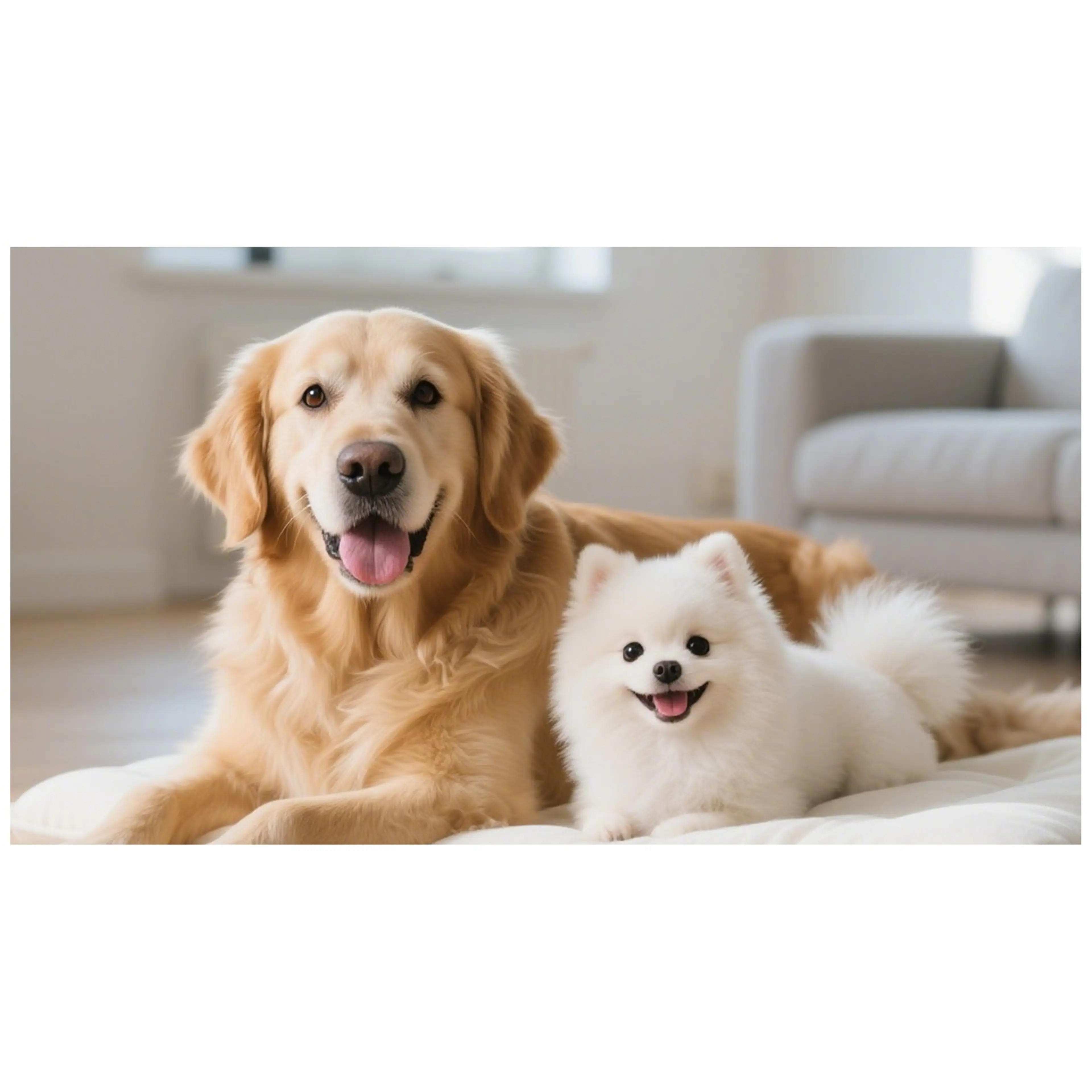 En golden retriever och en liten vit hund ligger tillsammans på en mjuk dyna
