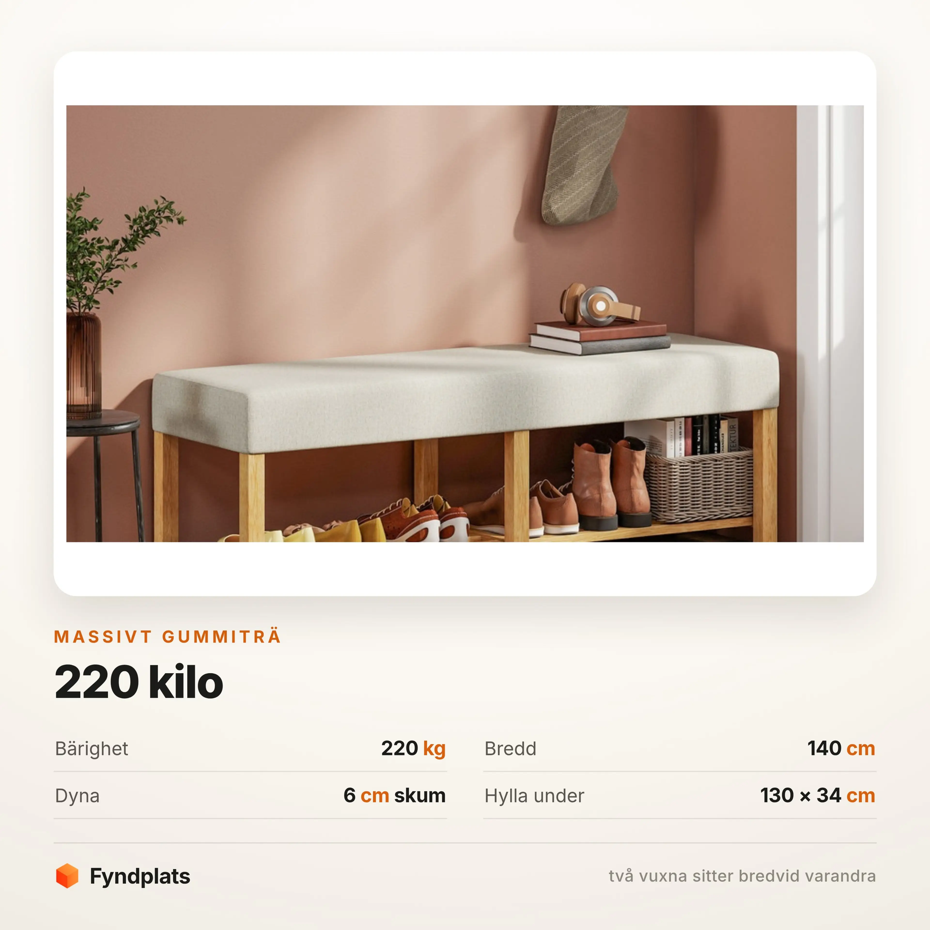 Skobänk 140 cm i massivträ med dyna – bild 3