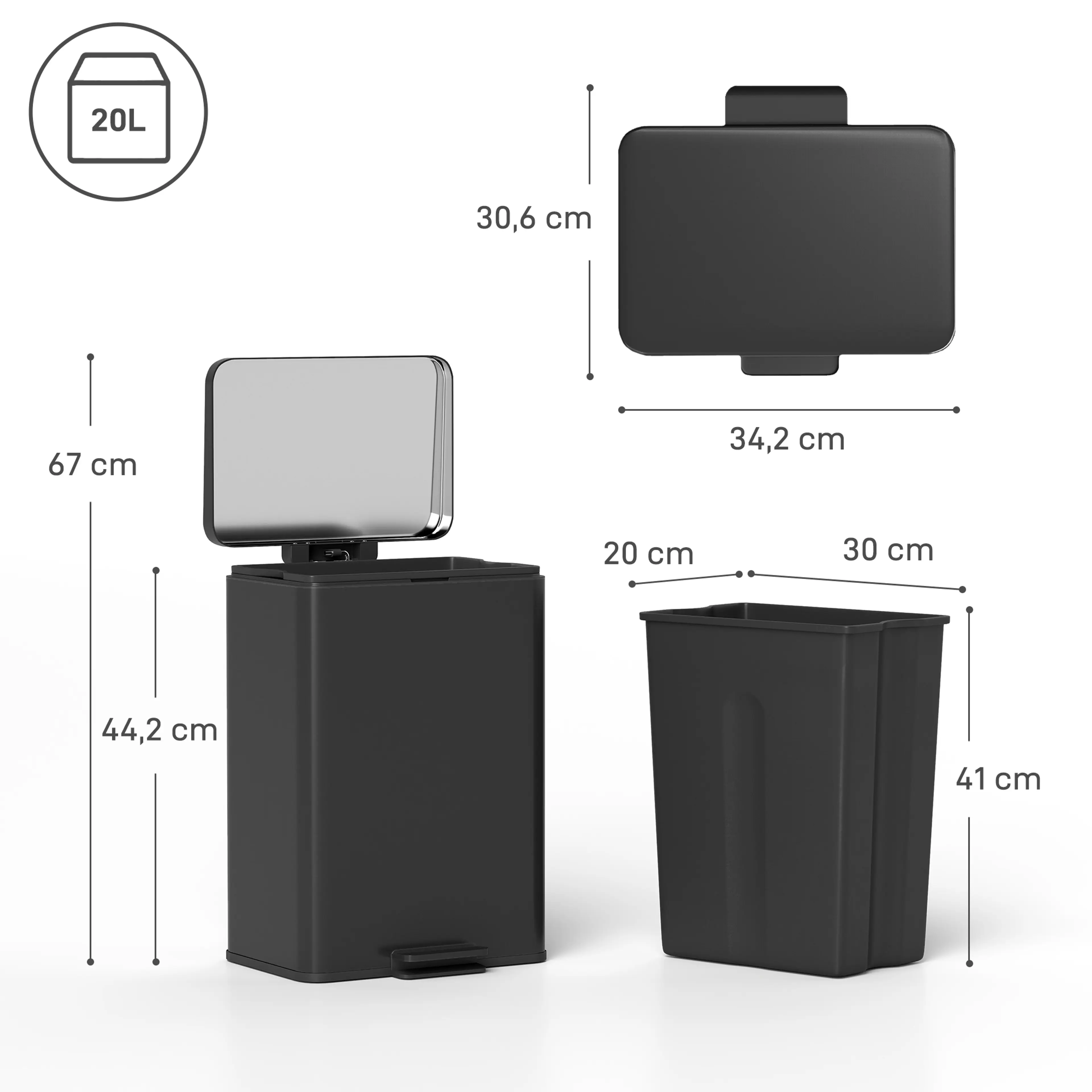 Måttbild: hinken är 34,2 × 30,6 × 44,2 cm och 67 cm hög med öppet lock, innerhinken 30 × 20 × 41 cm