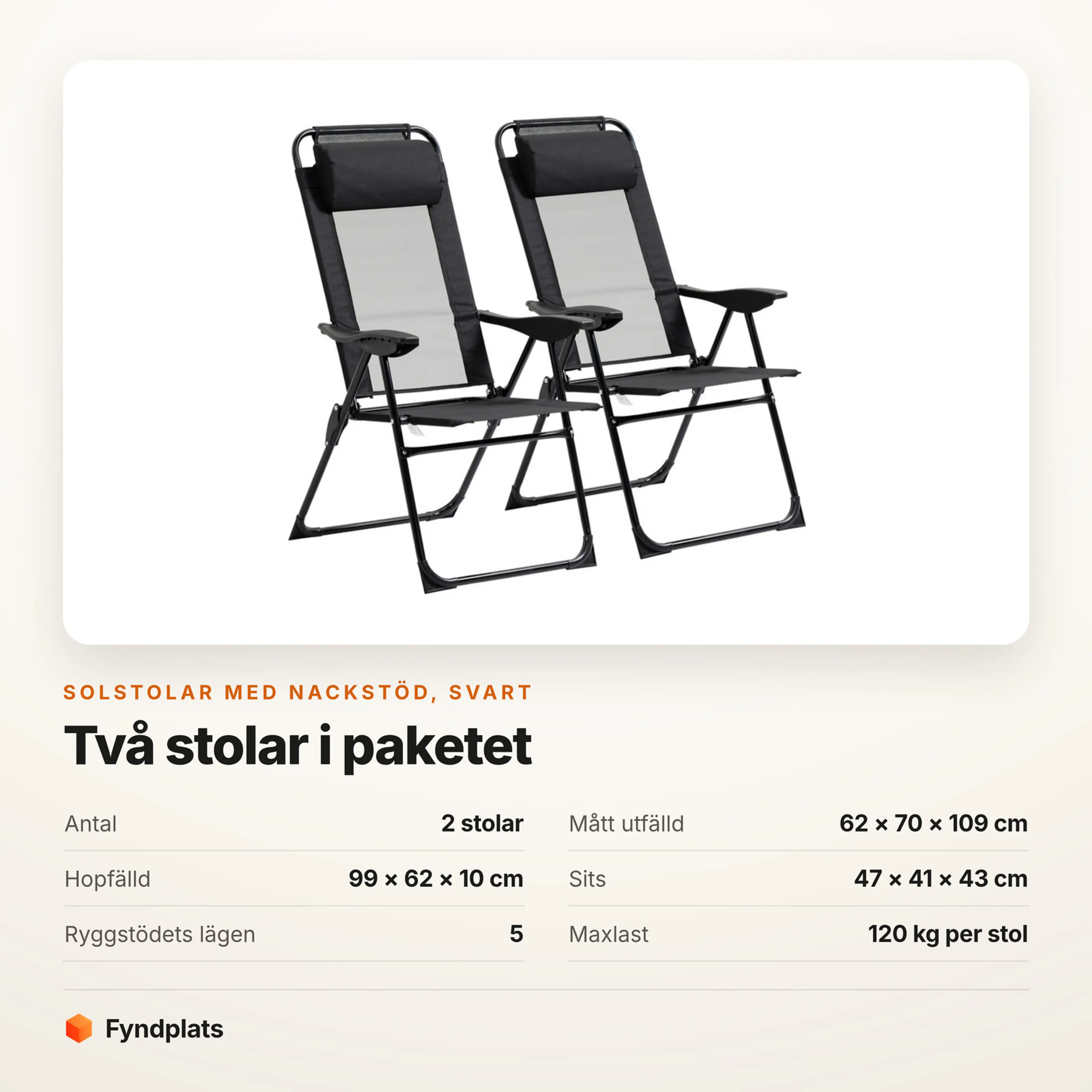 Faktakort: solstolar 2-pack svarta, mått, sits och maxlast