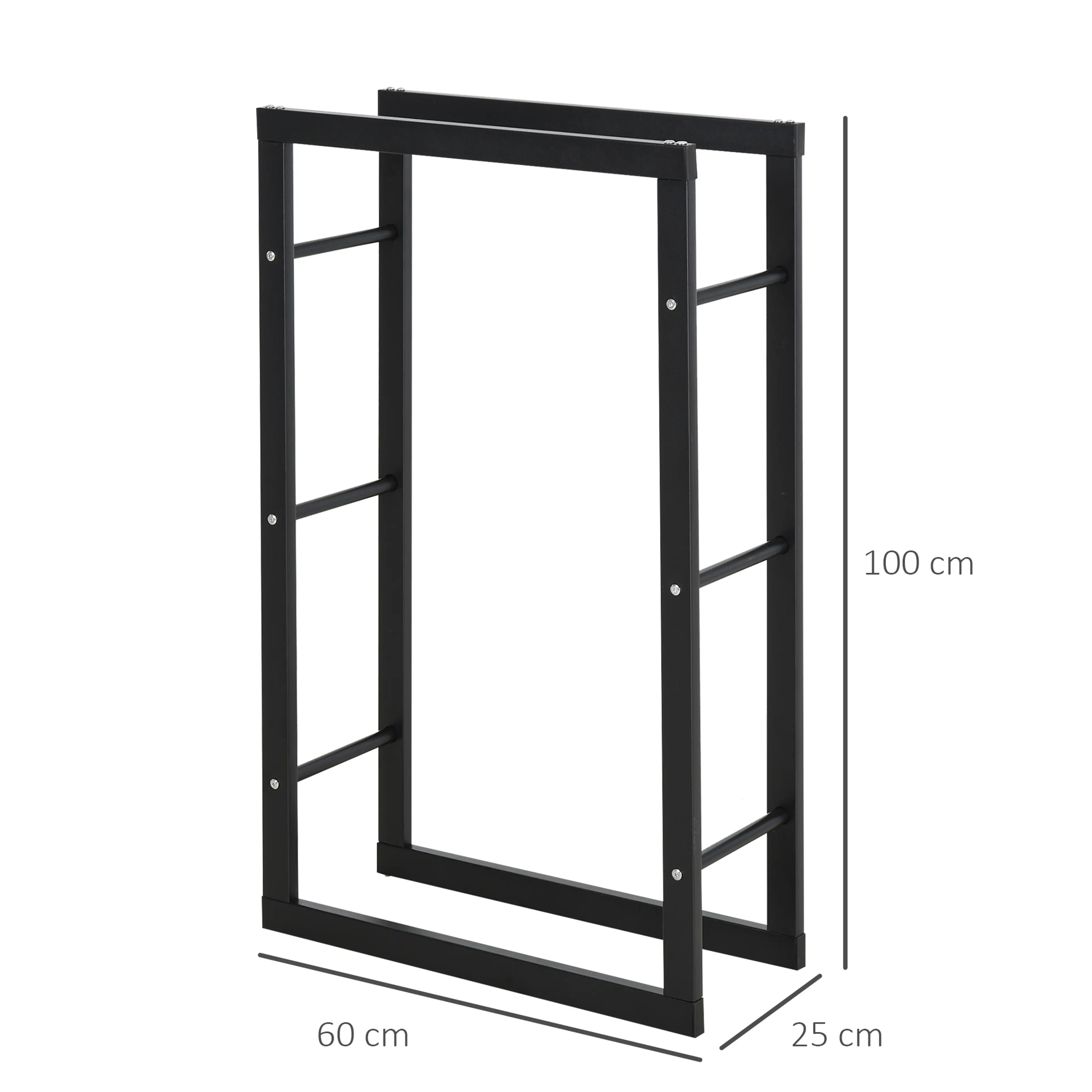 Måttbild: vedstället är 60 × 25 × 100 cm