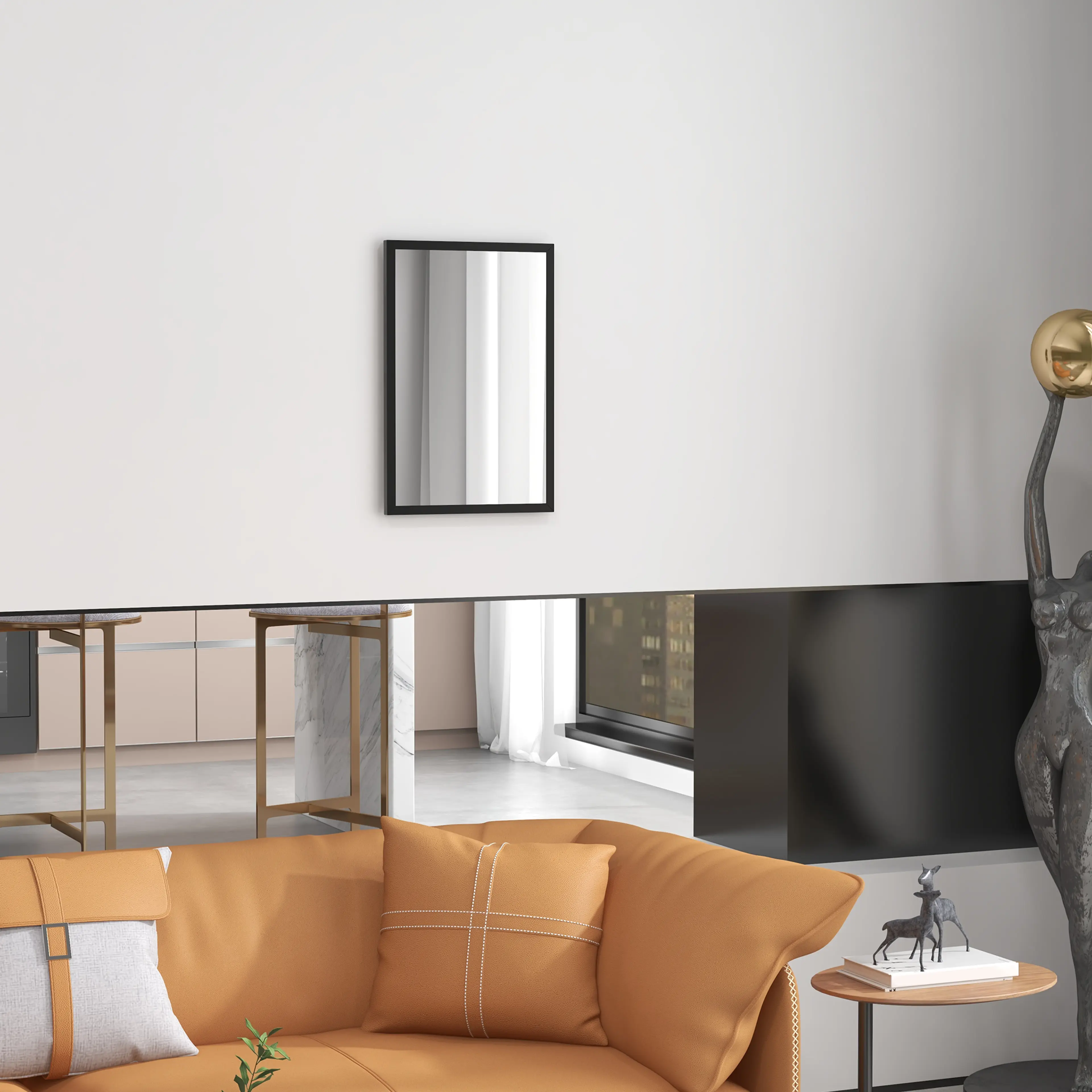 Väggspegeln på en vit vägg ovanför en orange soffa