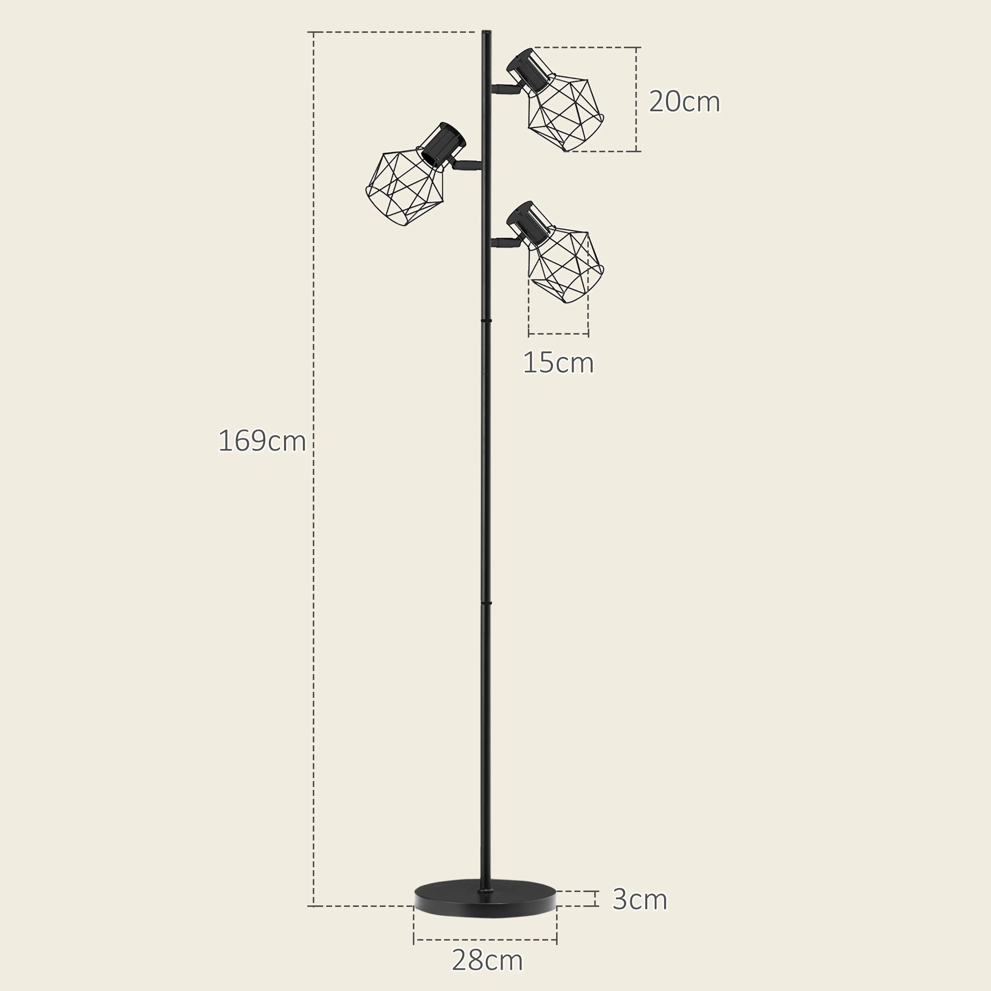 Måttskiss: 169 cm hög, skärmar Ø 15 × 20 cm och fot Ø 28 cm