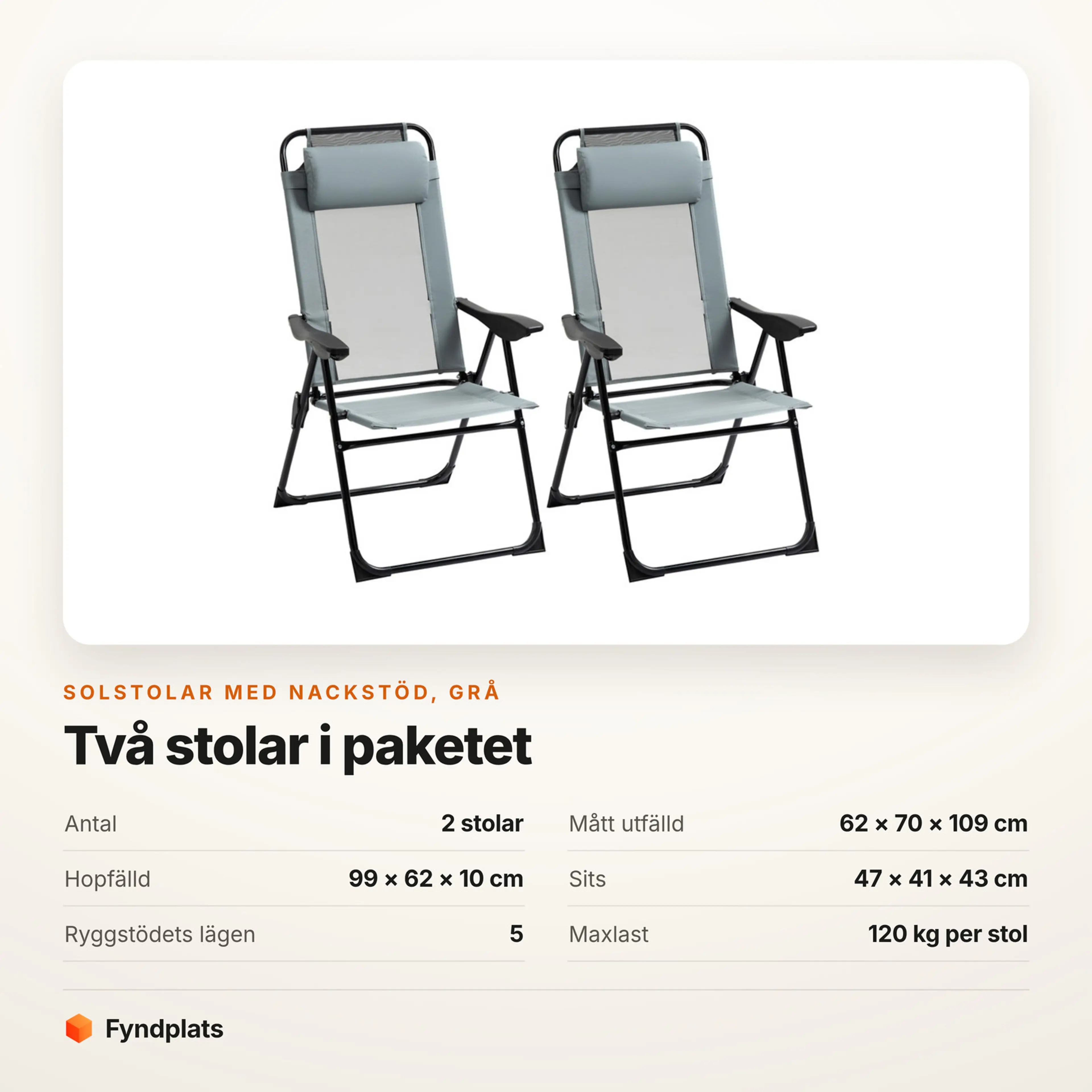 Faktakort: solstolar 2-pack grå, mått, sits och maxlast