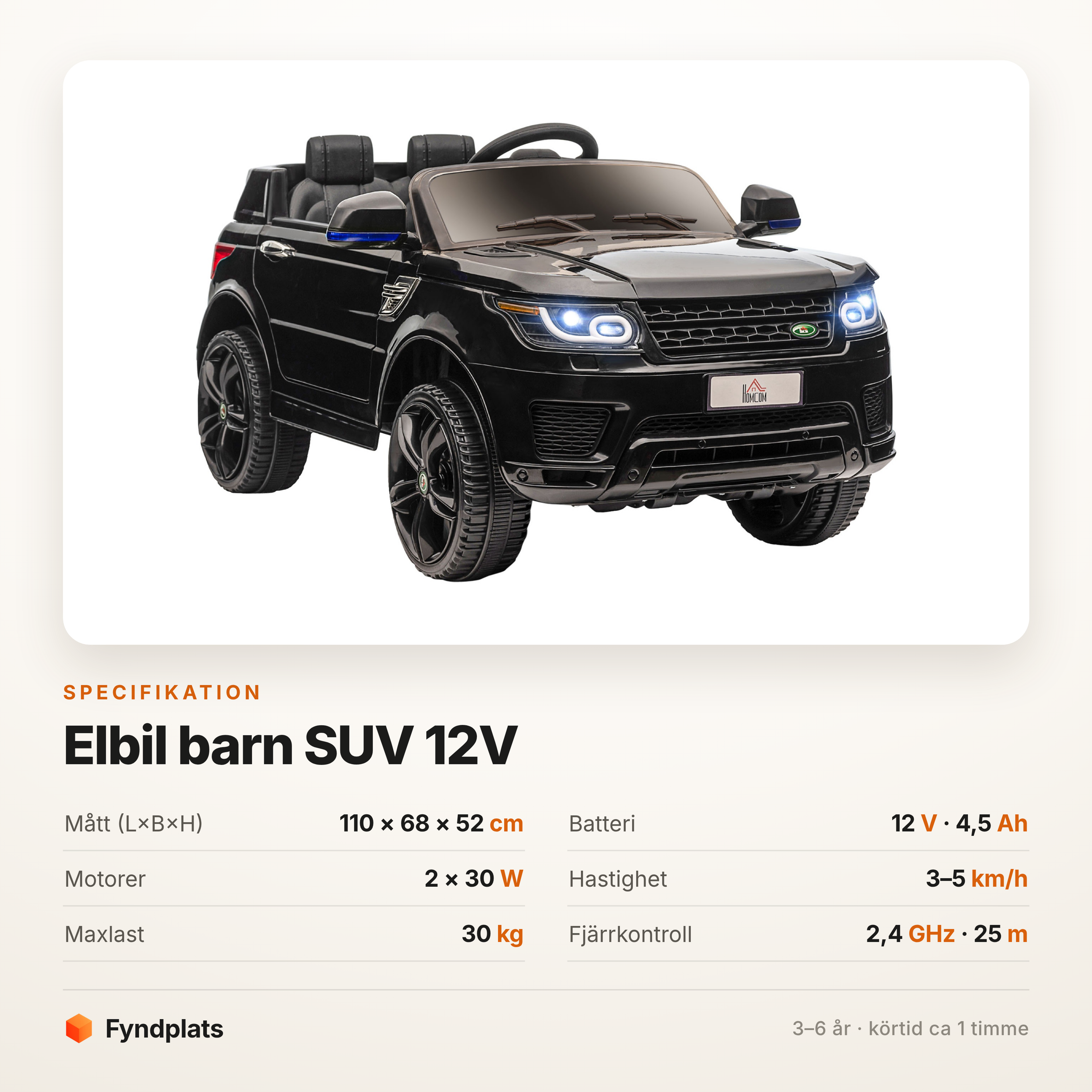 Fyndplats specifikationskort för elbilen SUV 12V: 110 × 68 × 52 cm, batteri 12 V 4,5 Ah, två motorer 30 W, 3–5 km/h, max 30 kg, fjärrkontroll 2,4 GHz.