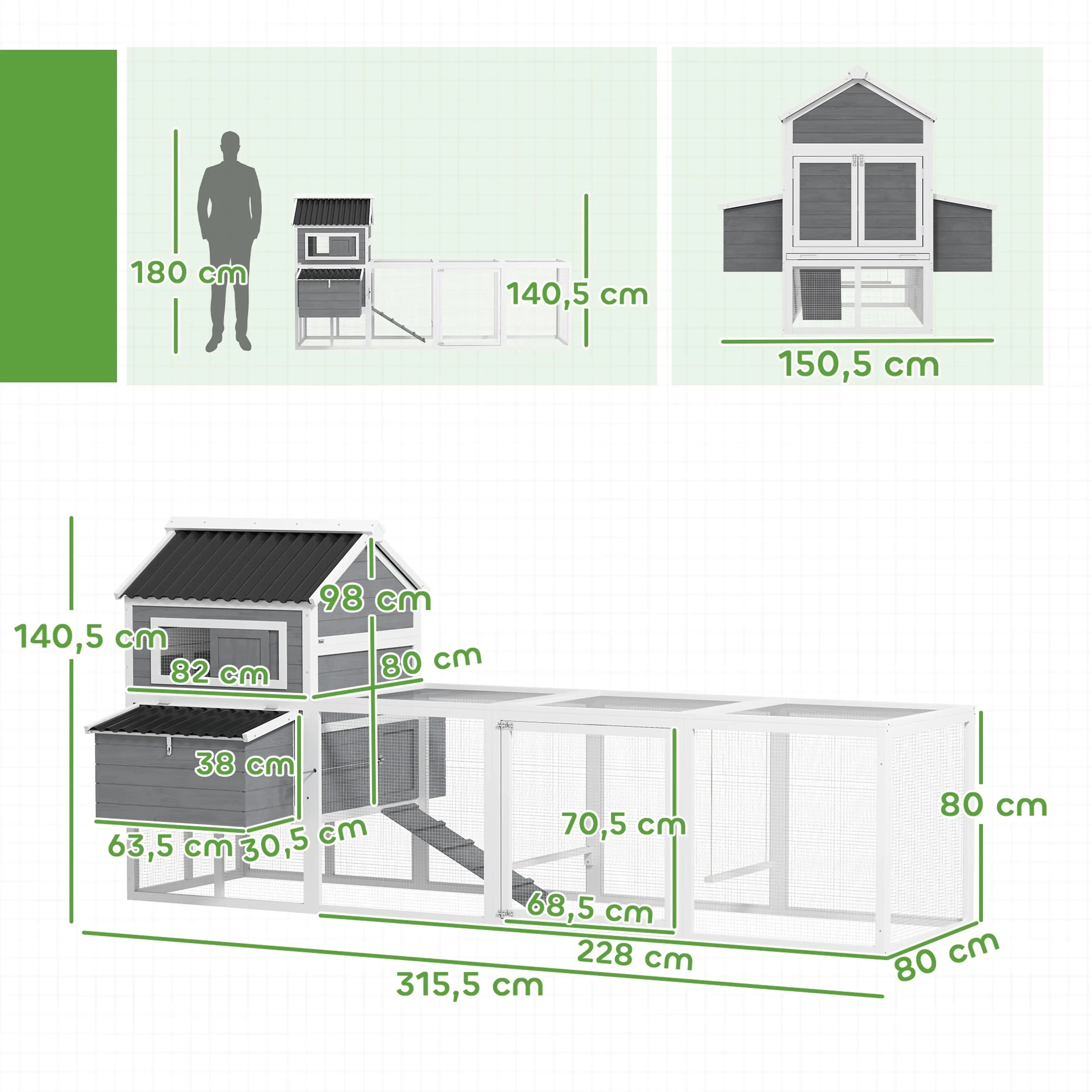 Måttskiss: 315,5 cm långt, 80 cm djupt och 140,5 cm högt