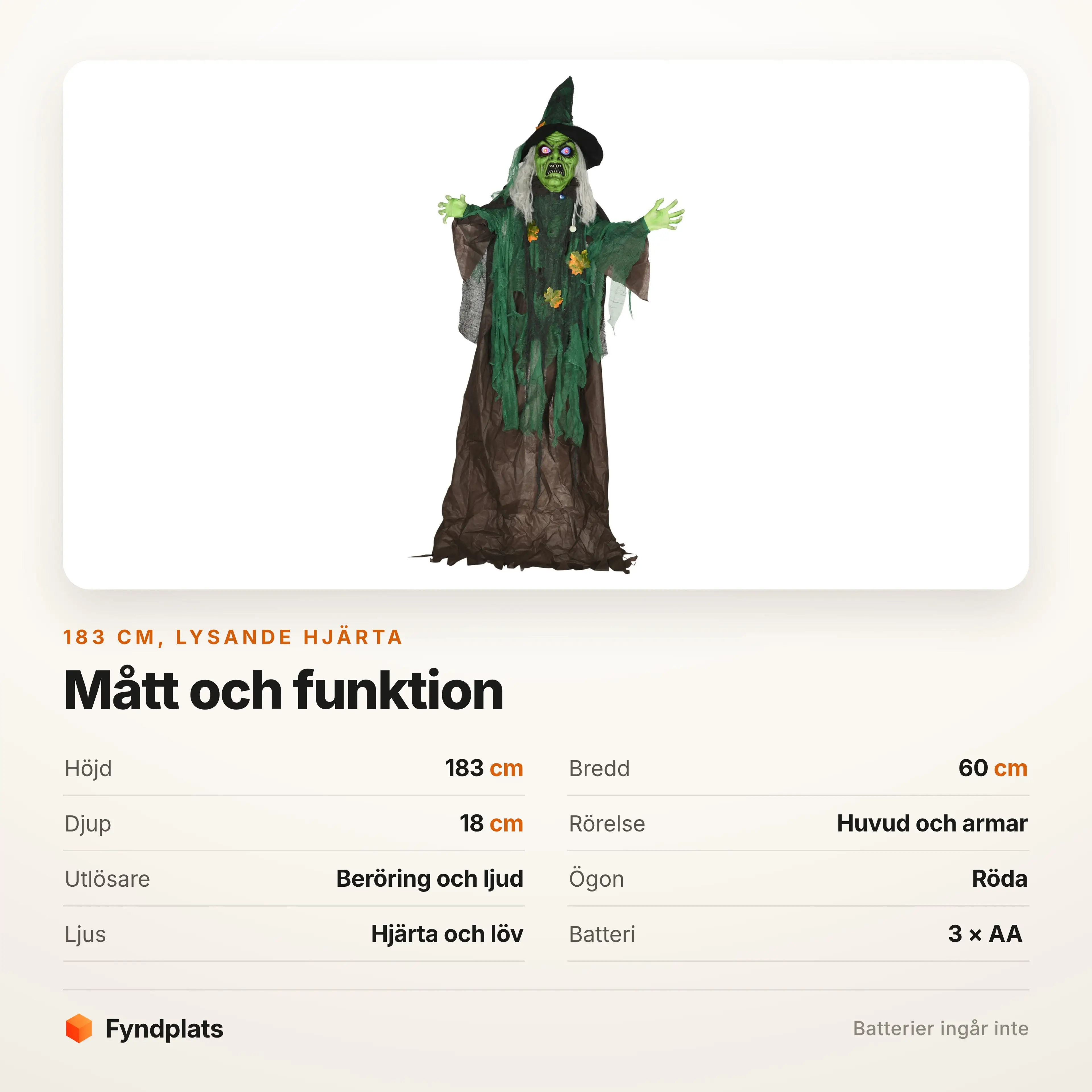 Specifikation: 183 cm hög, rör huvud och armar