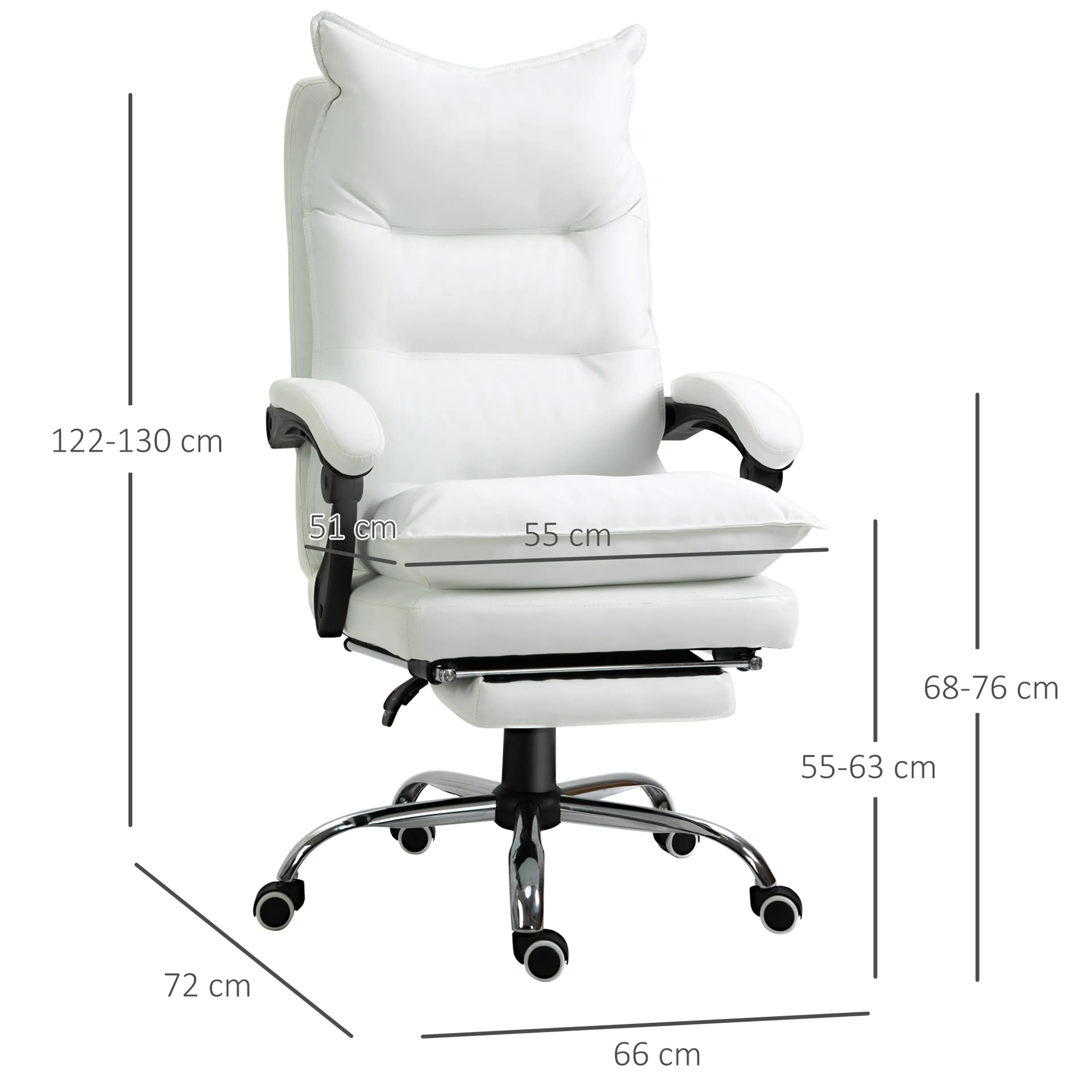 Måttritning med höjd 122–130 cm, sitthöjd 55–63 cm, djup 72 cm och bredd 66 cm