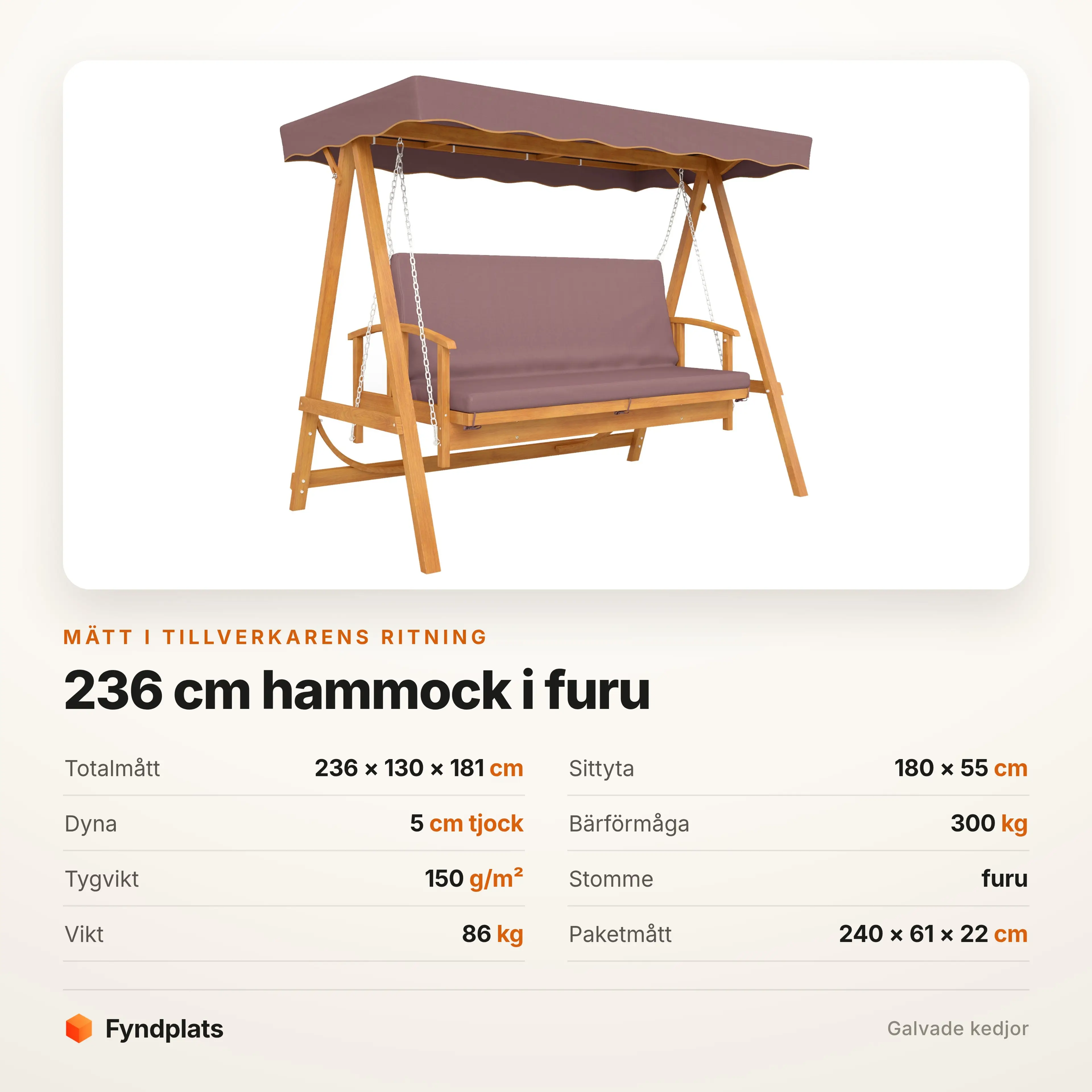 Specifikationer: 236 × 130 × 181 cm, sittyta 180 × 55 cm, bär 300 kg