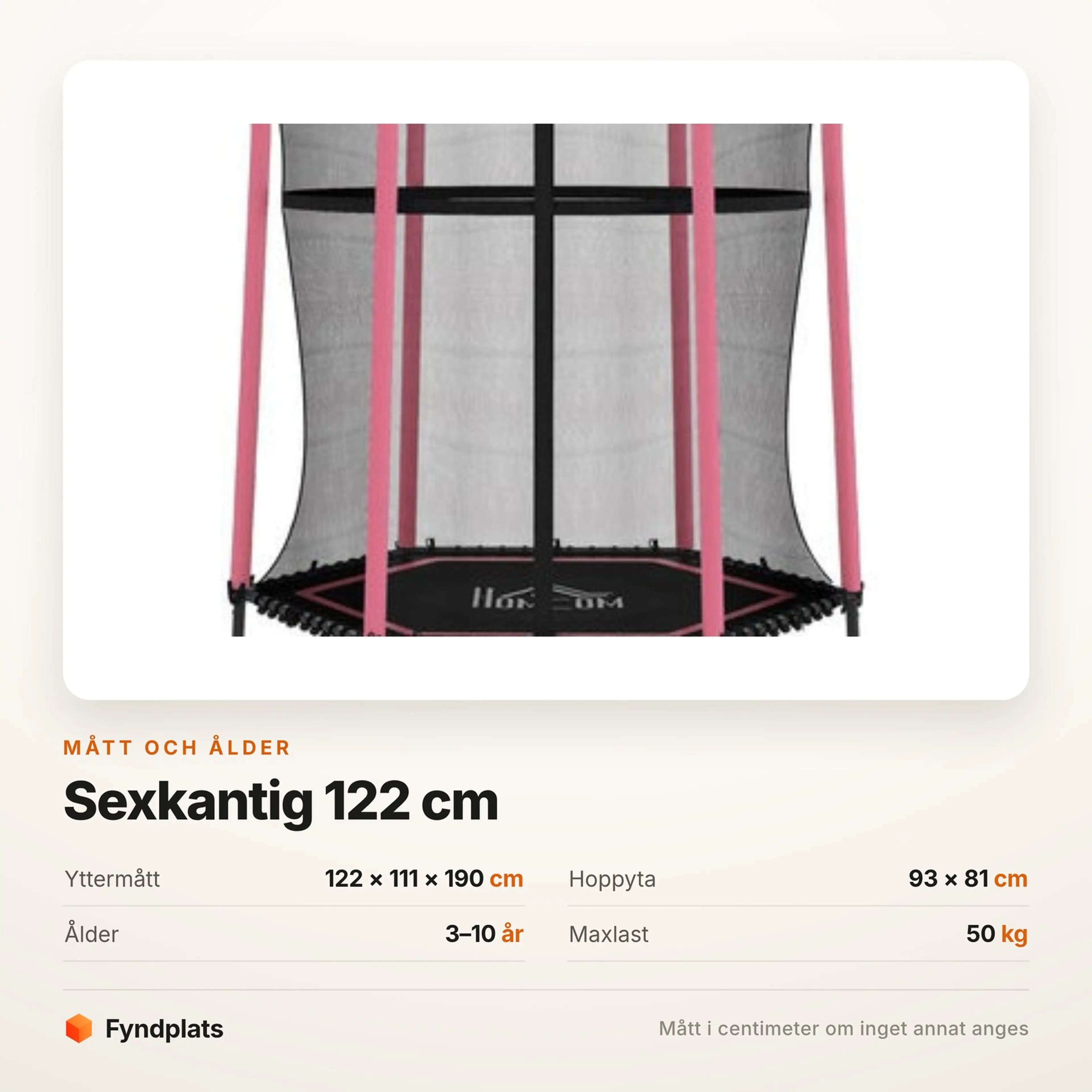 Faktakort: ramen 122 × 111 × 190 cm, hoppyta 93 × 81 cm, ålder 3–10 år och maxlast 50 kg