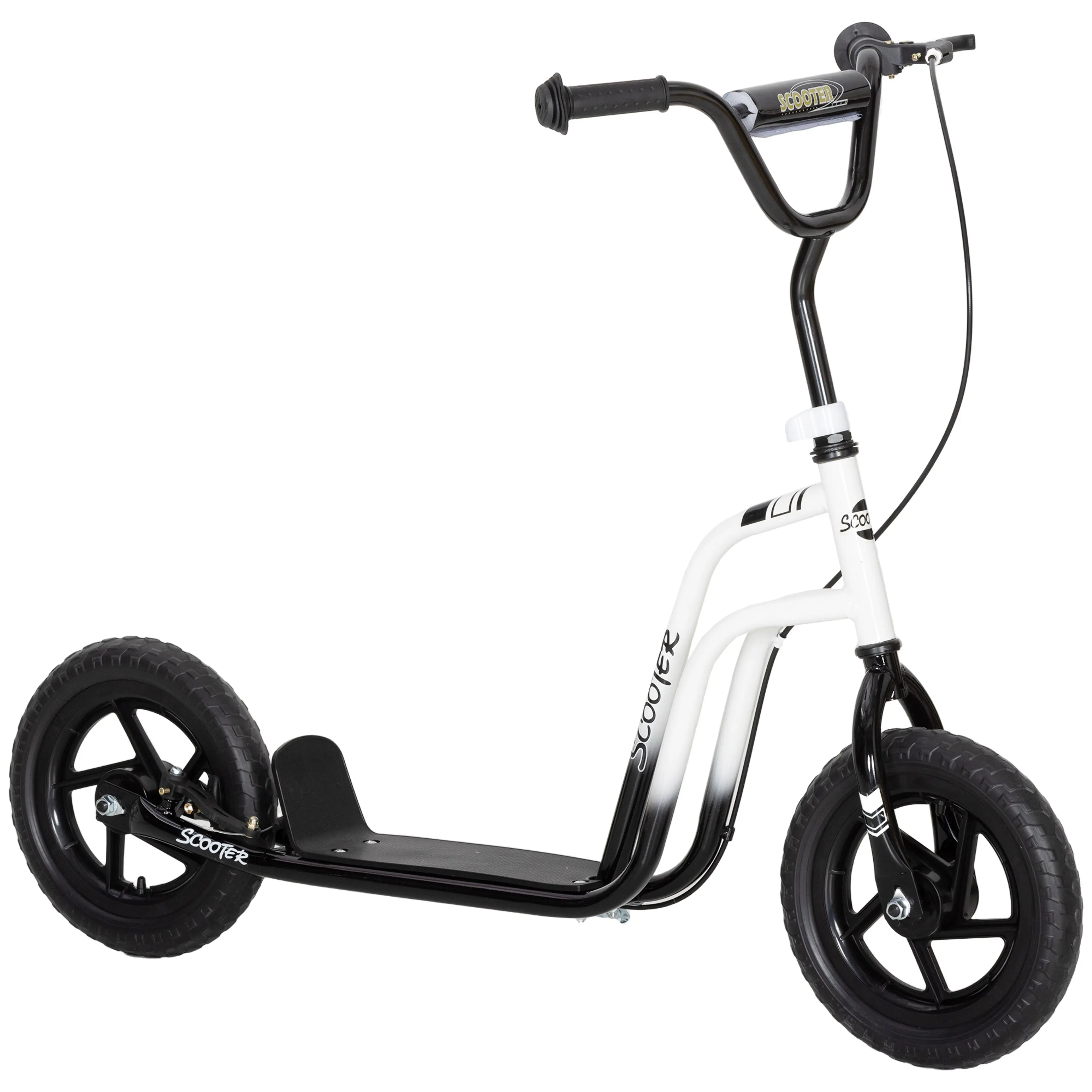 Vit sparkcykel för barn med svart nedre ram och svarta fälgar